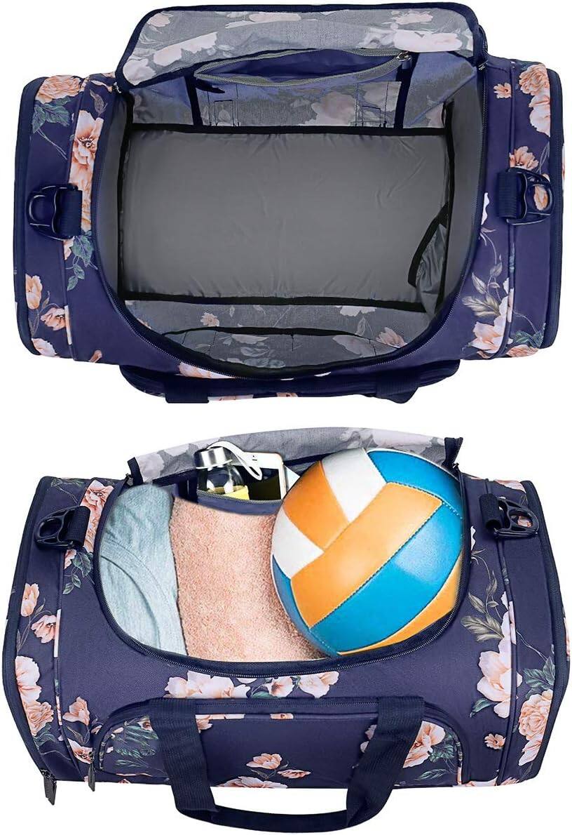 Left. mosiso - Peony Sports Duffel Bag for Women & Men, Gym Bag with Shoe Compartment for Dance, Travel & Weekend Trips - Blue.