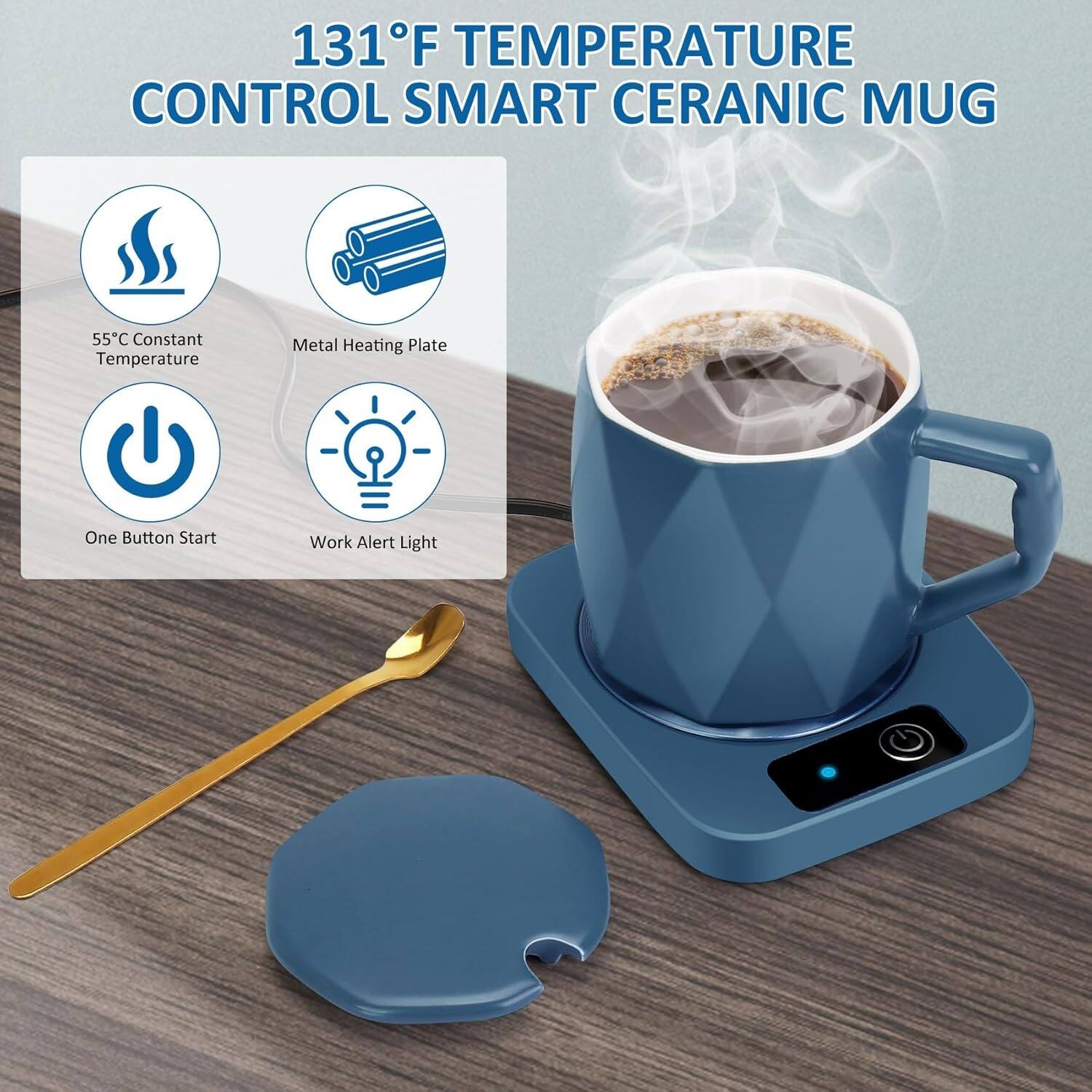 131°F TEMPERATURE CONTROL SMART CERAMIC MUG

- 55°C Constant Temperature
- Metal Heating Plate
- One Button Start
- Work Alert Light