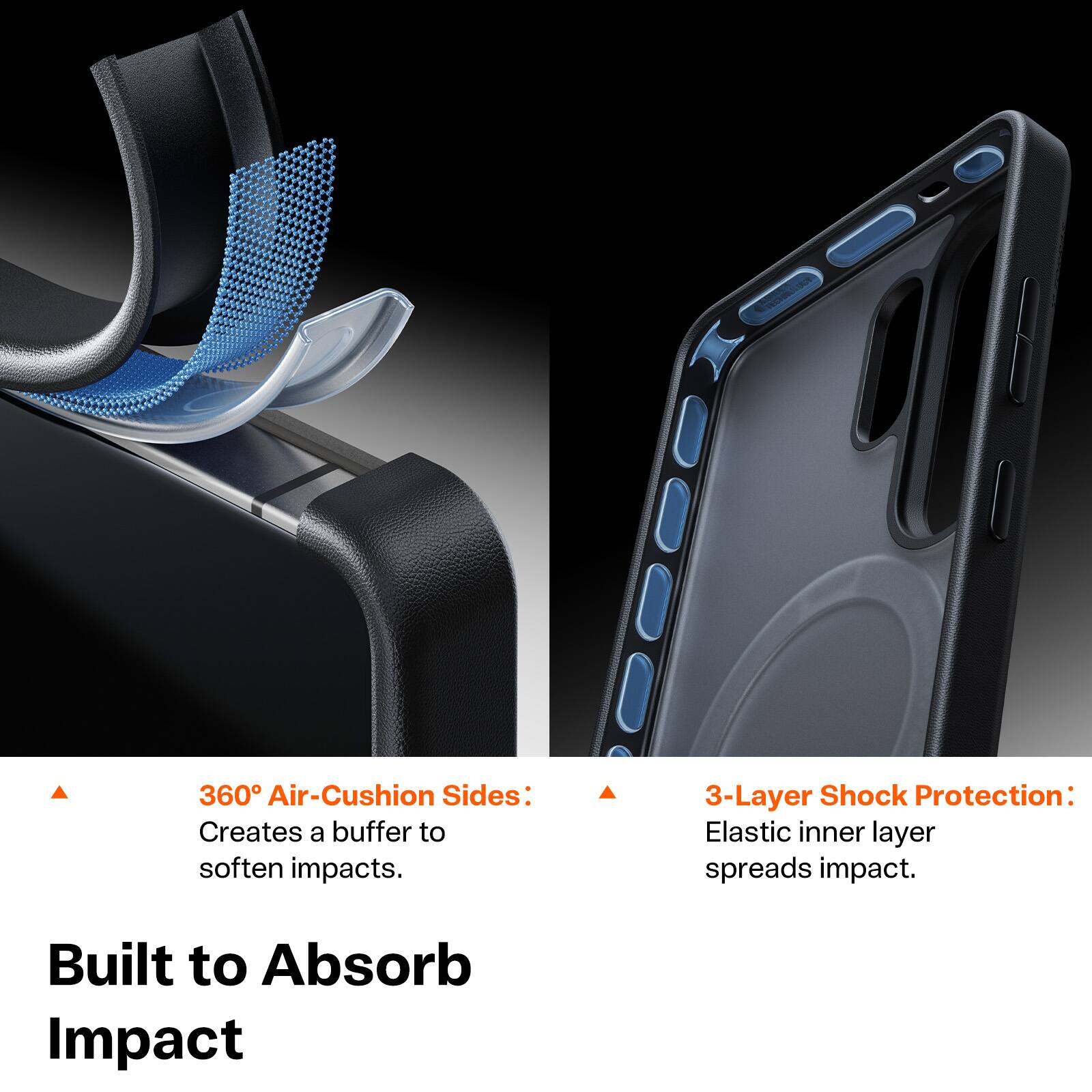 360° Air-Cushion Sides: Creates a buffer to soften impacts.  
3-Layer Shock Protection: Elastic inner layer spreads impact.  

Built to Absorb Impact