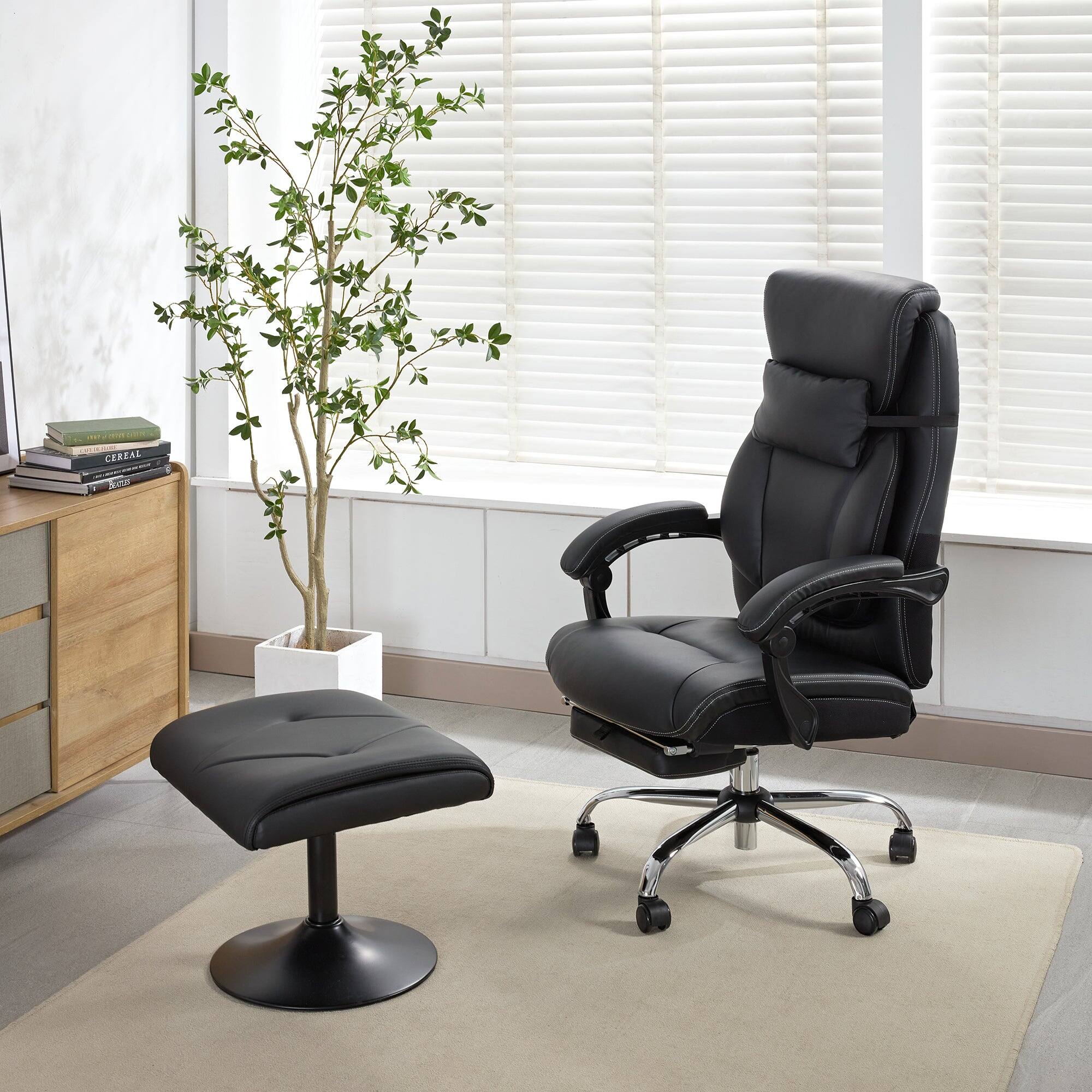 Alt View 1. Vecelo - Adjustable Desk Footrest with Pneumatic Lift - 16-21" Height, 300lb Capacity PU Leather Foot Stool for Office & Gaming - Black.