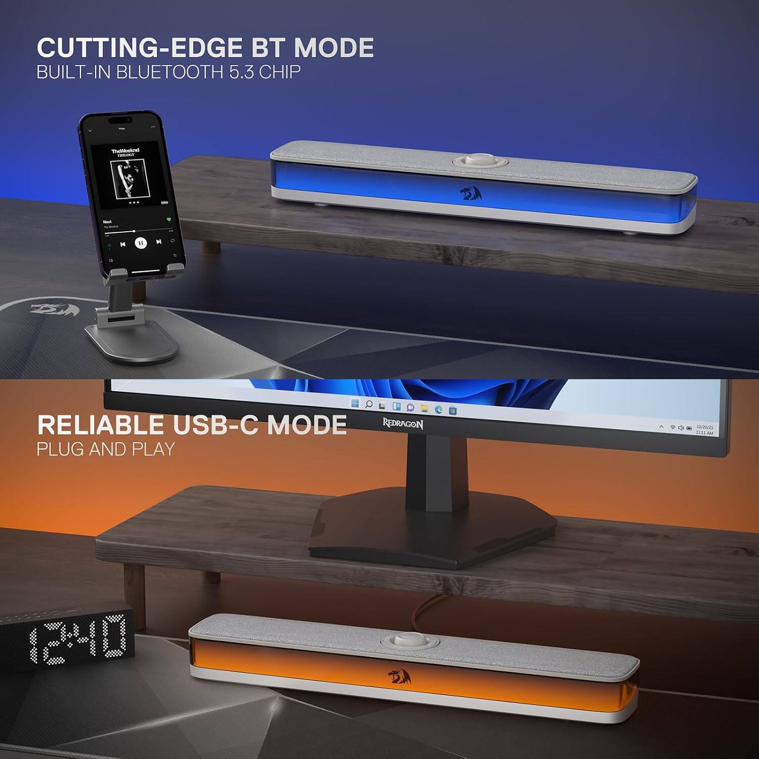 REDRAGON GS515 RGB Desktop Soundbar, 2.0 Stereo Enhanced Sound, BT 5.3 ...