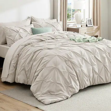 Front. FINEAK - Modern Queen Pinch Pleat Comforter Set with Sheets-7-Piece All-Season Bed in a Bag - Linen.