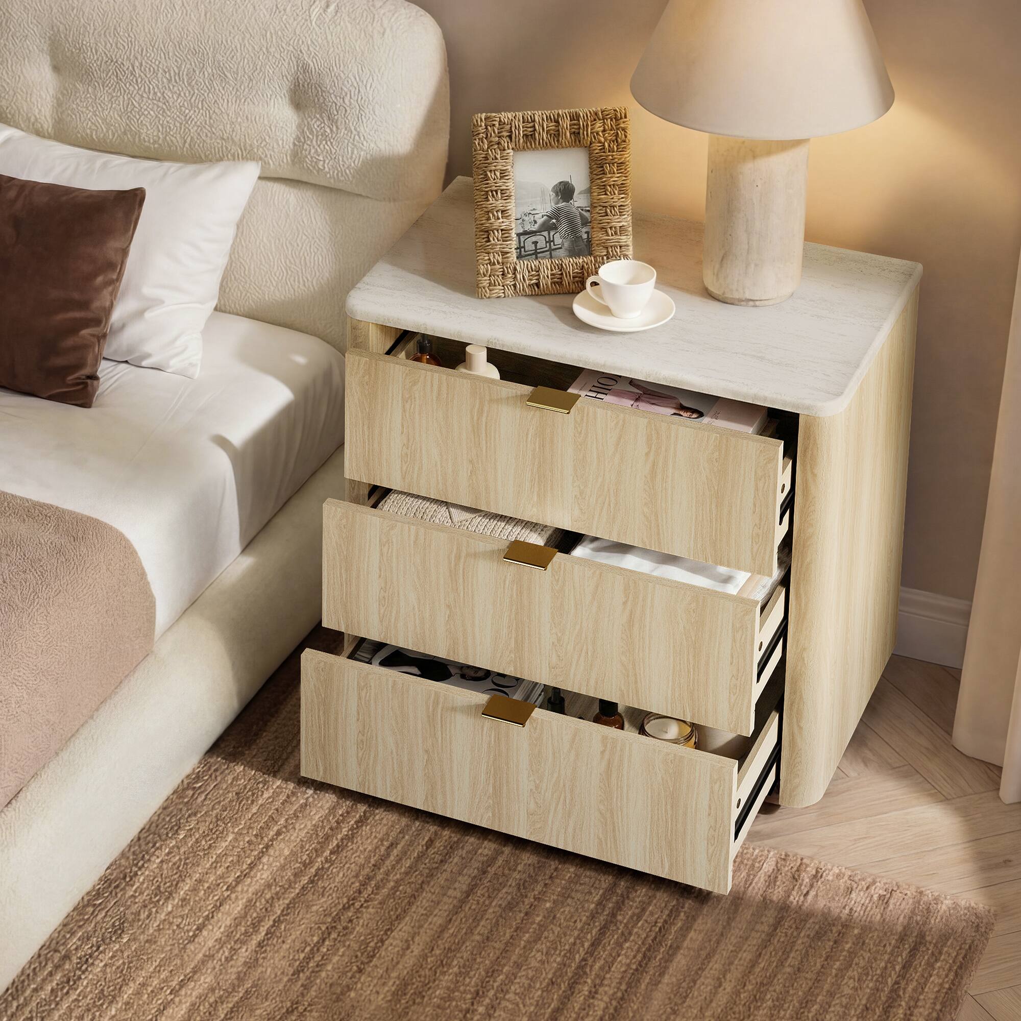 Angle. ModernMate - 31.5"W 3 Drawers Dresser Modern Faux Travertine Dresser Chest for Bedroom Living Room - Natural Oak.
