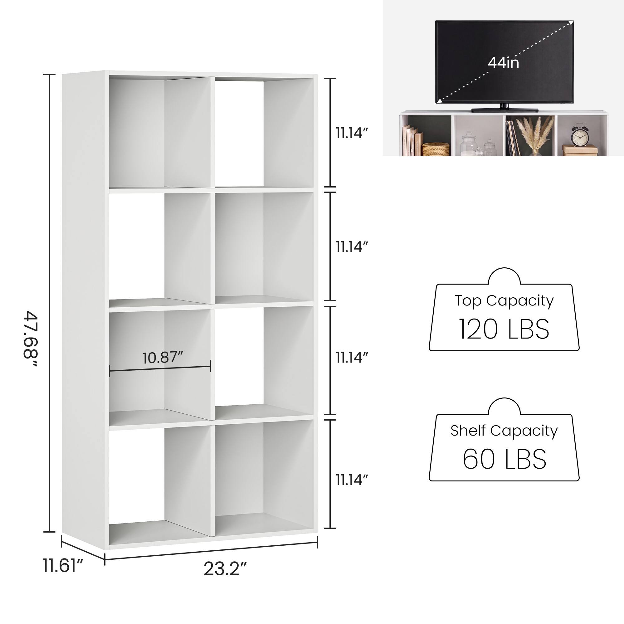 44in  
11.14"  
47.68"  
10.87"  
11.14" 11.14" 11.14"  
Top Capacity 120 LBS  
Shelf Capacity 60 LBS  
11.61"  
23.2"