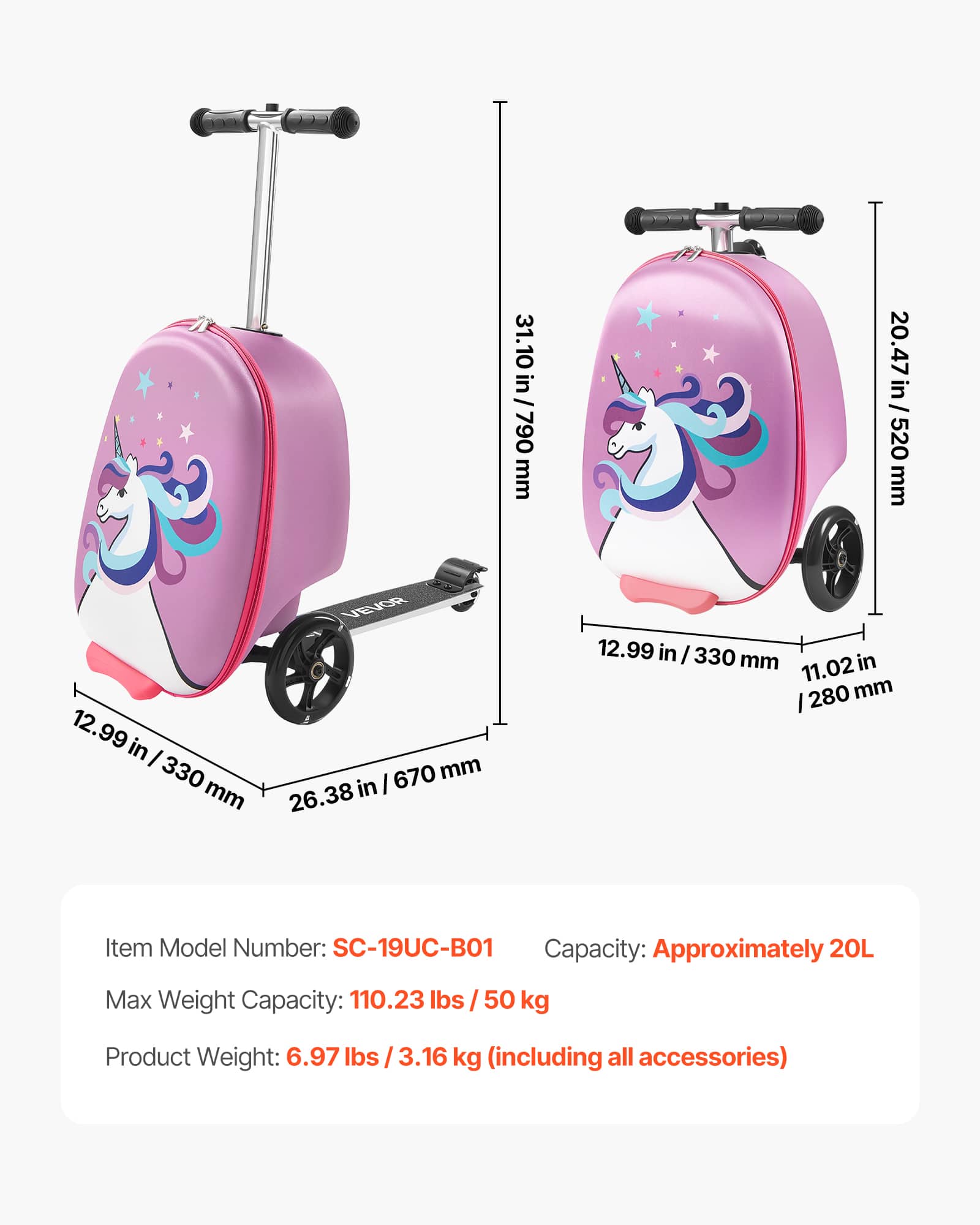 VEVOR Ride on Luggage, 20 L Capacity, 20 Inches Kids Scooter