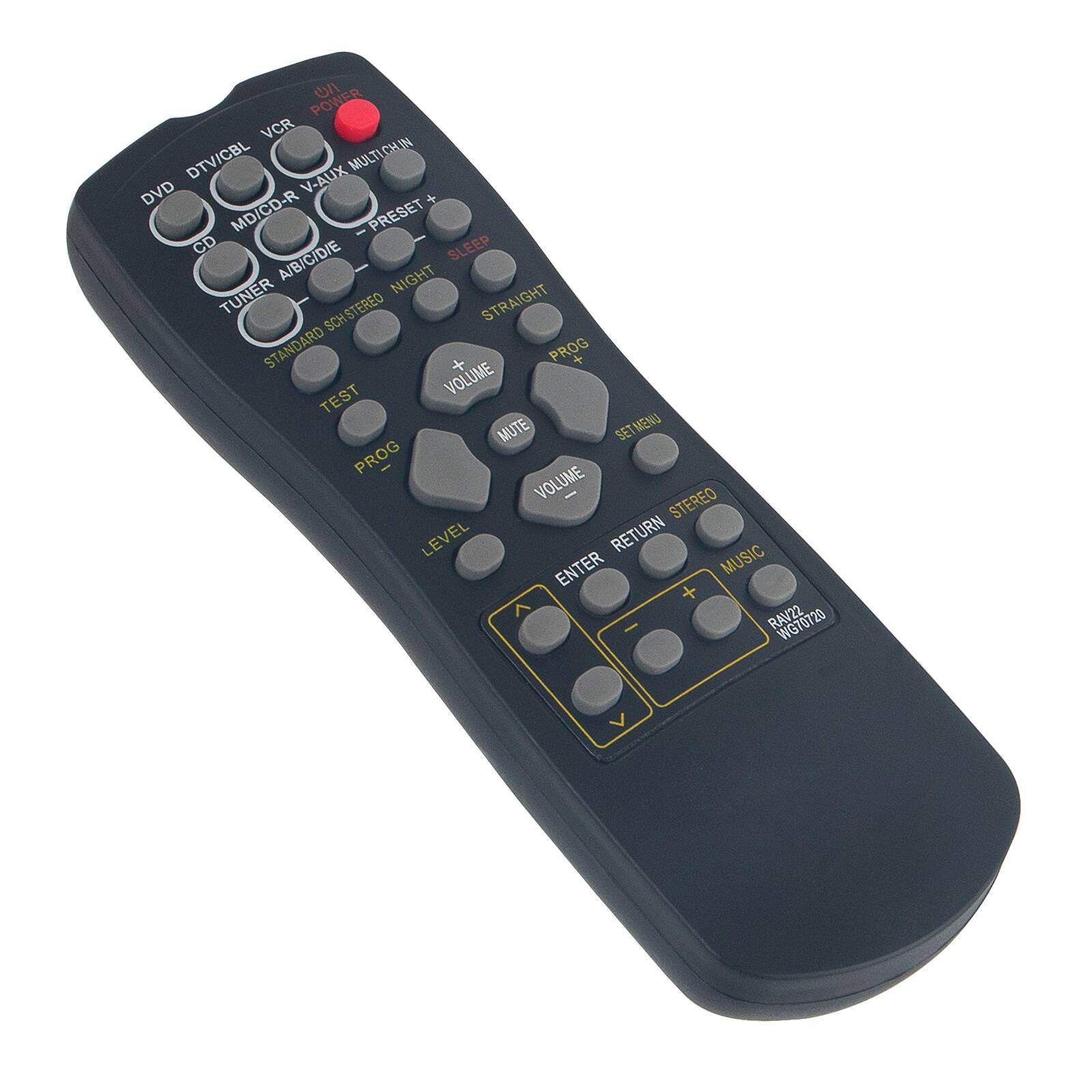 POWER  
VCR  
DVD  
DTV/CBL  
MULTICHIN  
MD/CD-R  
V-AUX  
PRESET  
SLEEP  
TUNER  
NIGHT  
STRAIGHT  
PROG  
VOLUME  
TEST  
MUTE  
SETMENO  
SET PROG  
VOLUME  
STEREO  
LEVEL  
RETURN  
ENTER  
MUSIC  
RAV22  
WG70720
