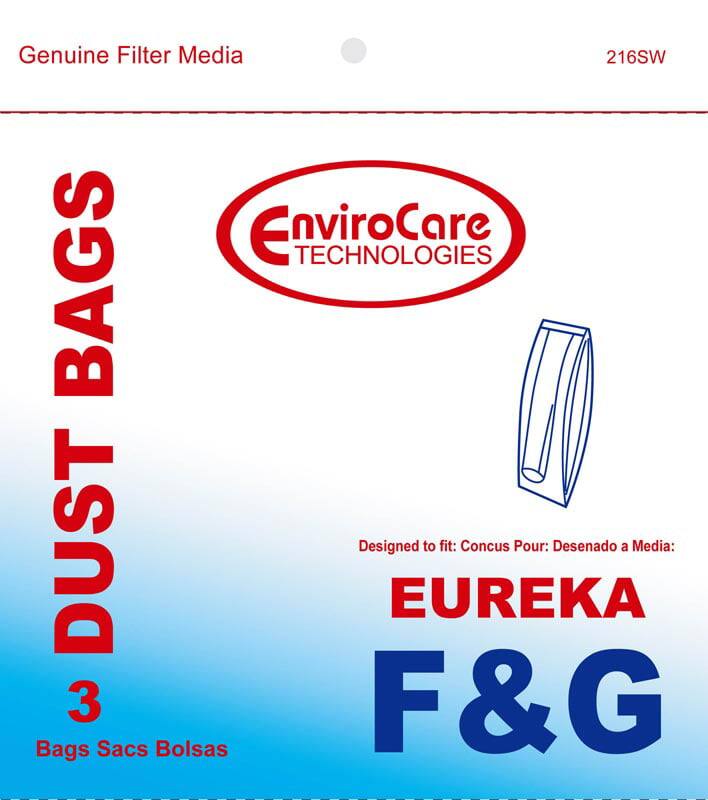 Genuine Filter Media  
216SW  

EnviroCare Technologies  

DUST BAGS  
3 Bags Sacs Bolsas  

Designed to fit: Concus Pour: Desenado a Media:  
EUREKA F & G