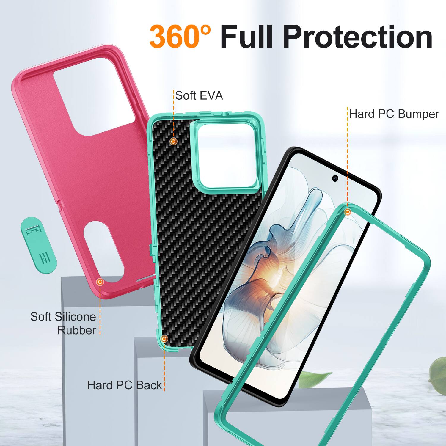 360° Full Protection

- Soft EVA
- Hard PC Bumper
- Soft Silicone Rubber
- Hard PC Back