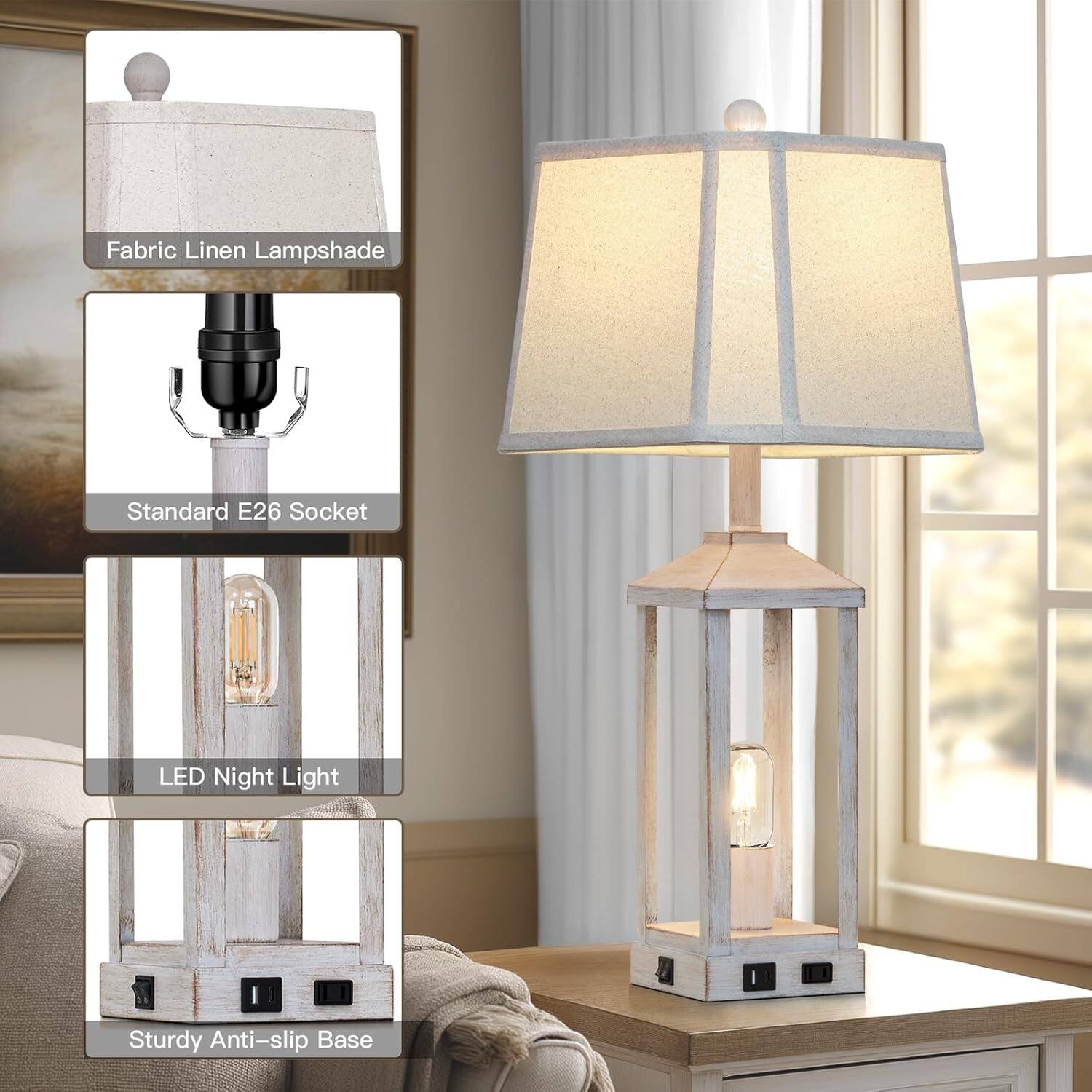 - Fabric Linen Lampshade
- Standard E26 Socket
- LED Night Light
- Sturdy Anti-slip Base