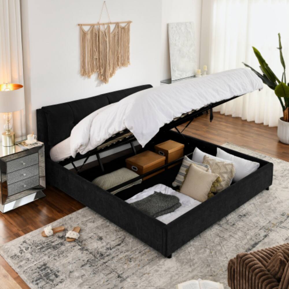 Left. LUCKY ONE - King Size Storage Upholstered Hydraulic Platform Bed with Integrated Headboard, Chenille Fabric, No Box Spring Needed - Black.