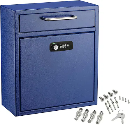 Front. AdirOffice - Drop Box Medium Steel Wall-Mounted Drop Box Mailbox with Combination Lock - Blue.
