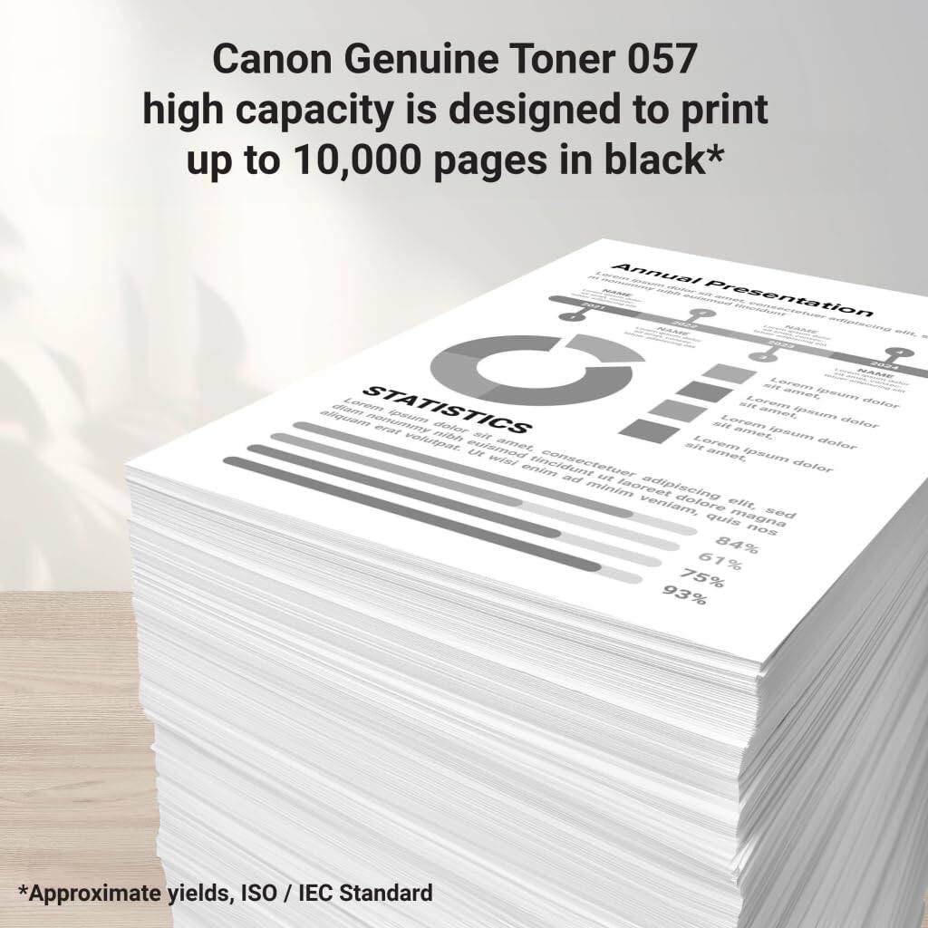 Canon Genuine Toner 057 high capacity is designed to print up to 10,000 pages in black*.

Annual Presentation

STATISTICS

*Approximate yields, ISO / IEC Standard