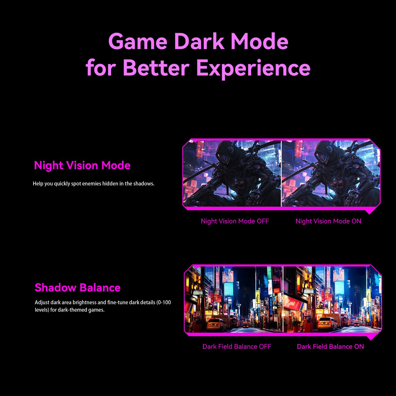 Game Dark Mode for Better Experience

Night Vision Mode
Help you quickly spot enemies hidden in the shadows.
Night Vision Mode OFF
Night Vision Mode ON

Shadow Balance
Adjust dark area brightness and fine-tune dark details (0-100 levels) for dark-themed games.
Dark Field Balance OFF
Dark Field Balance ON
