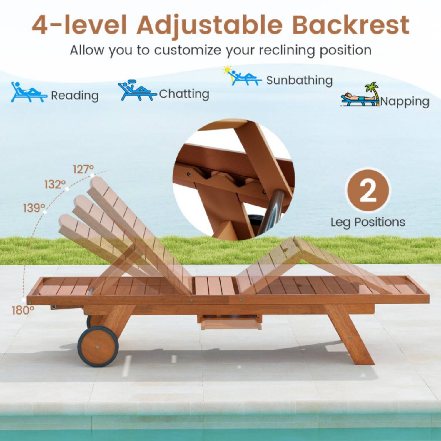 4-level Adjustable Backrest  
Allow you to customize your reclining position  
Reading, Chatting, Sunbathing, Napping  
127°, 132°, 139°, 180°  
2 Leg Positions