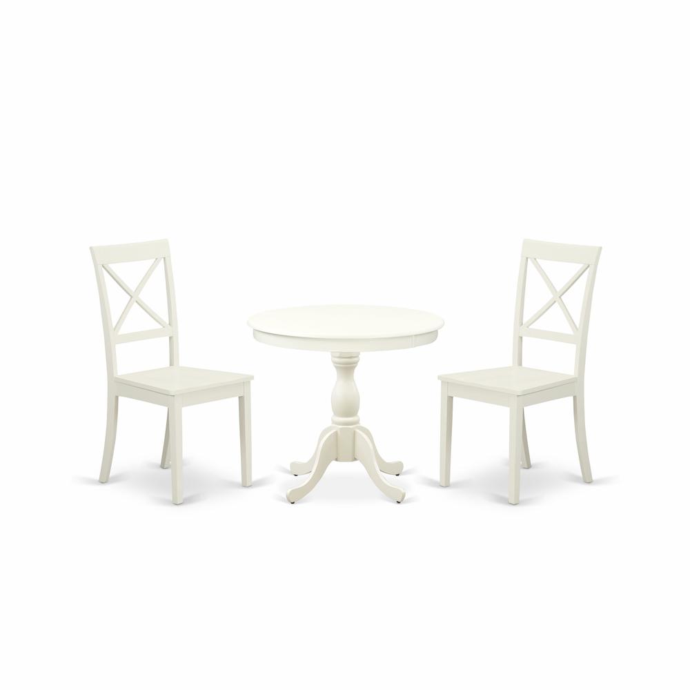 Left. East West Furniture - AMBO3-LWH-W 3 Piece Dining Room Set - 1 Dining Table and 2 Linen White Dining Chairs - Linen White Finish - Linen White.