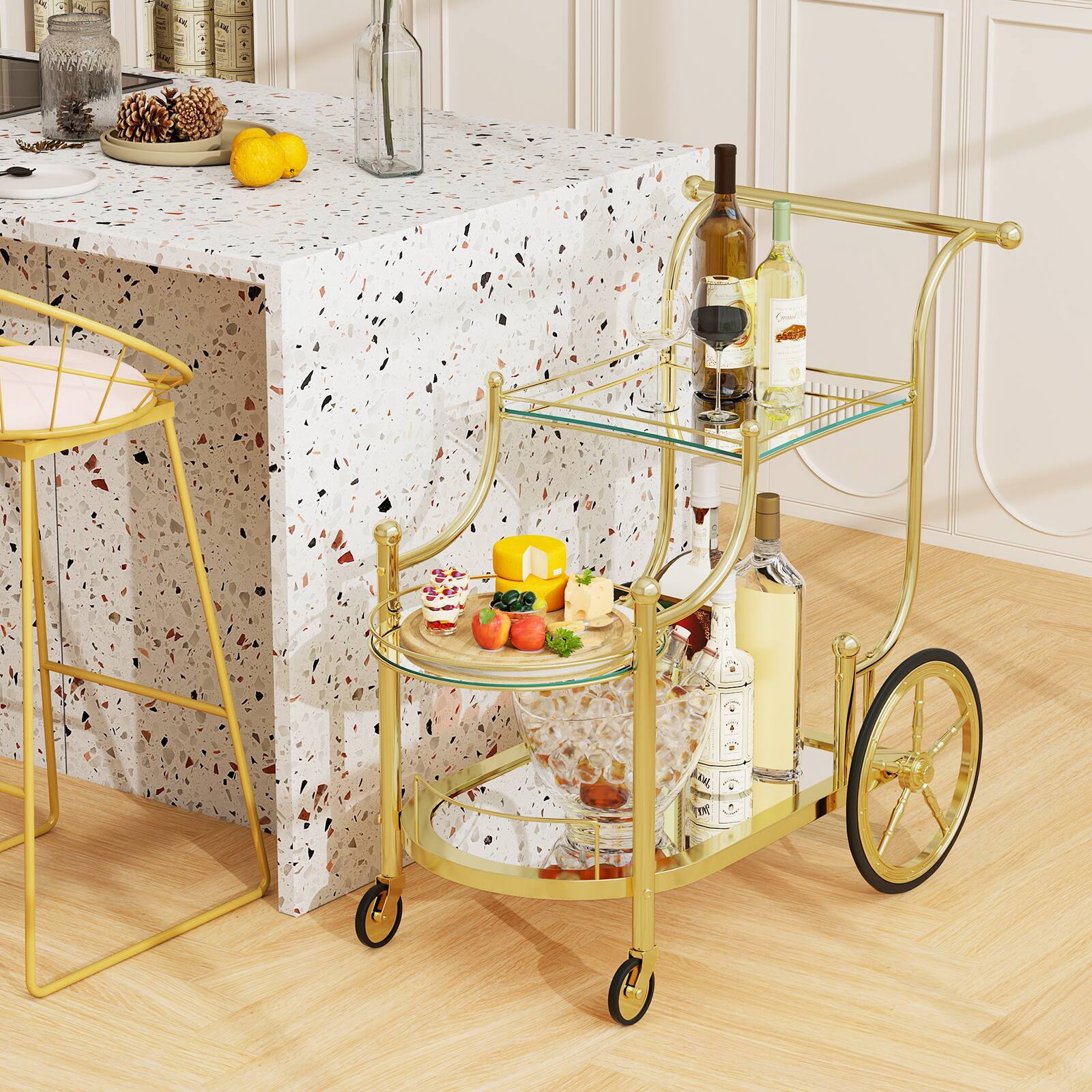Alt View 3. Gymax - Gymax 3-Tier Home Bar Serving Cart on Wheels w/ Mirrored Shelves for Kitchen - Gold.