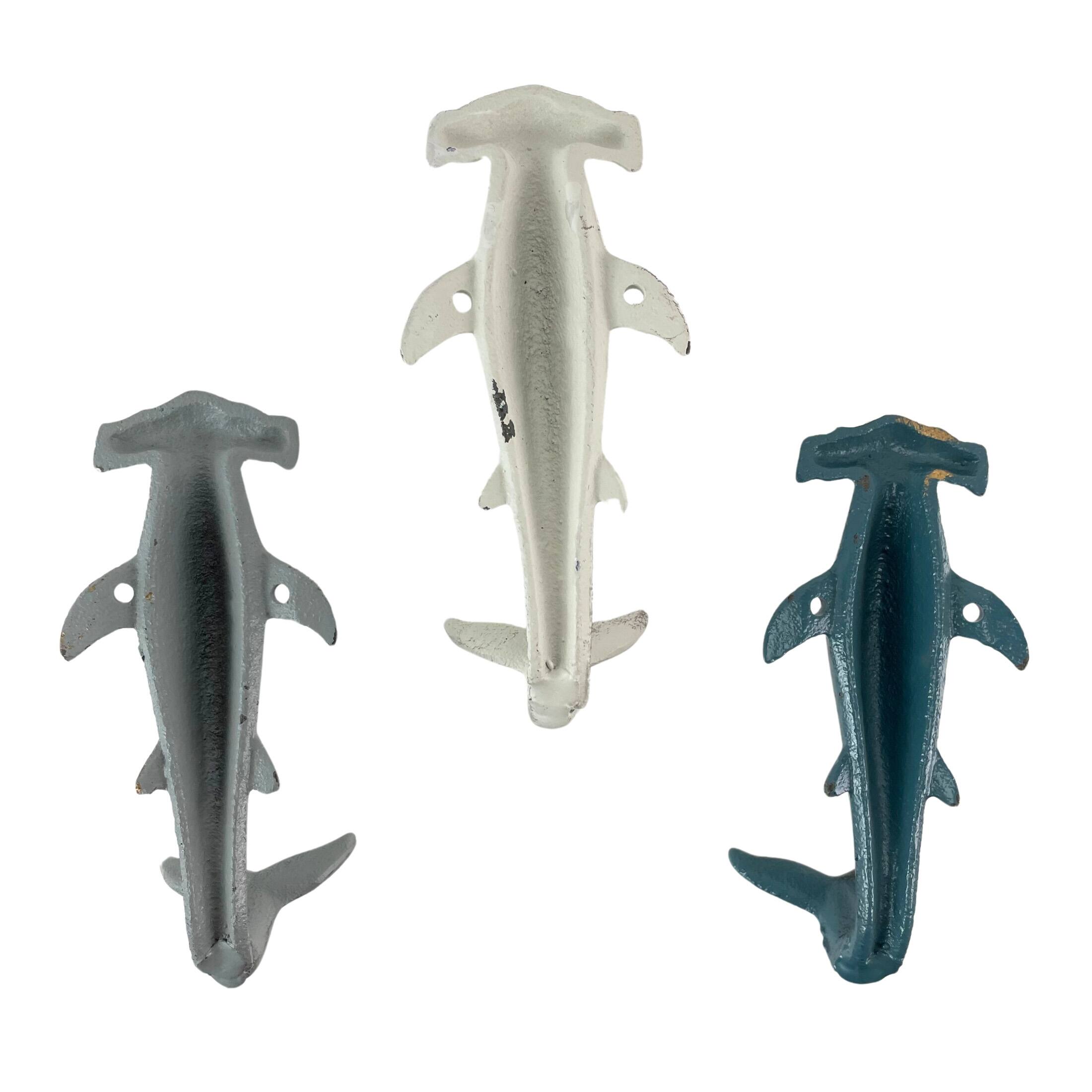 Alt View 5. Zeckos - Hammerhead Shark Wall Hooks Set – Cast Iron Nautical Decor, 5 Inches High - Multicolored.