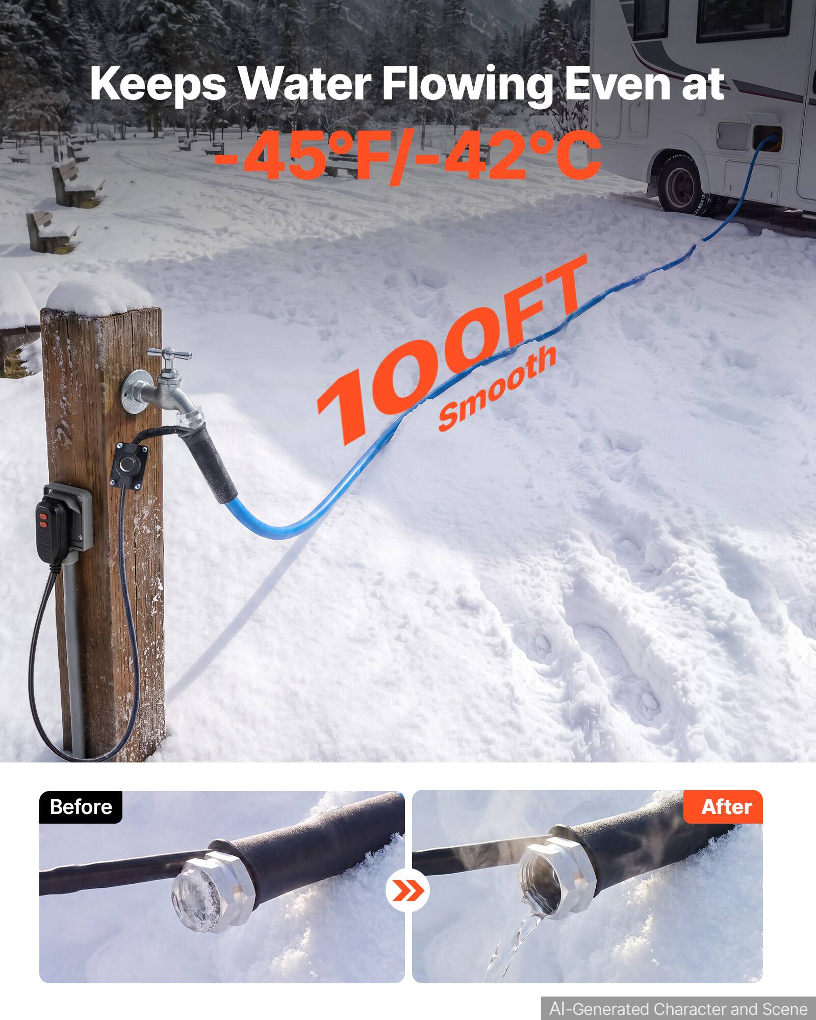 Keeps Water Flowing Even at -45°F/-42°C  
100FT Smooth  

Before  
After  

AI-Generated Character and Scene