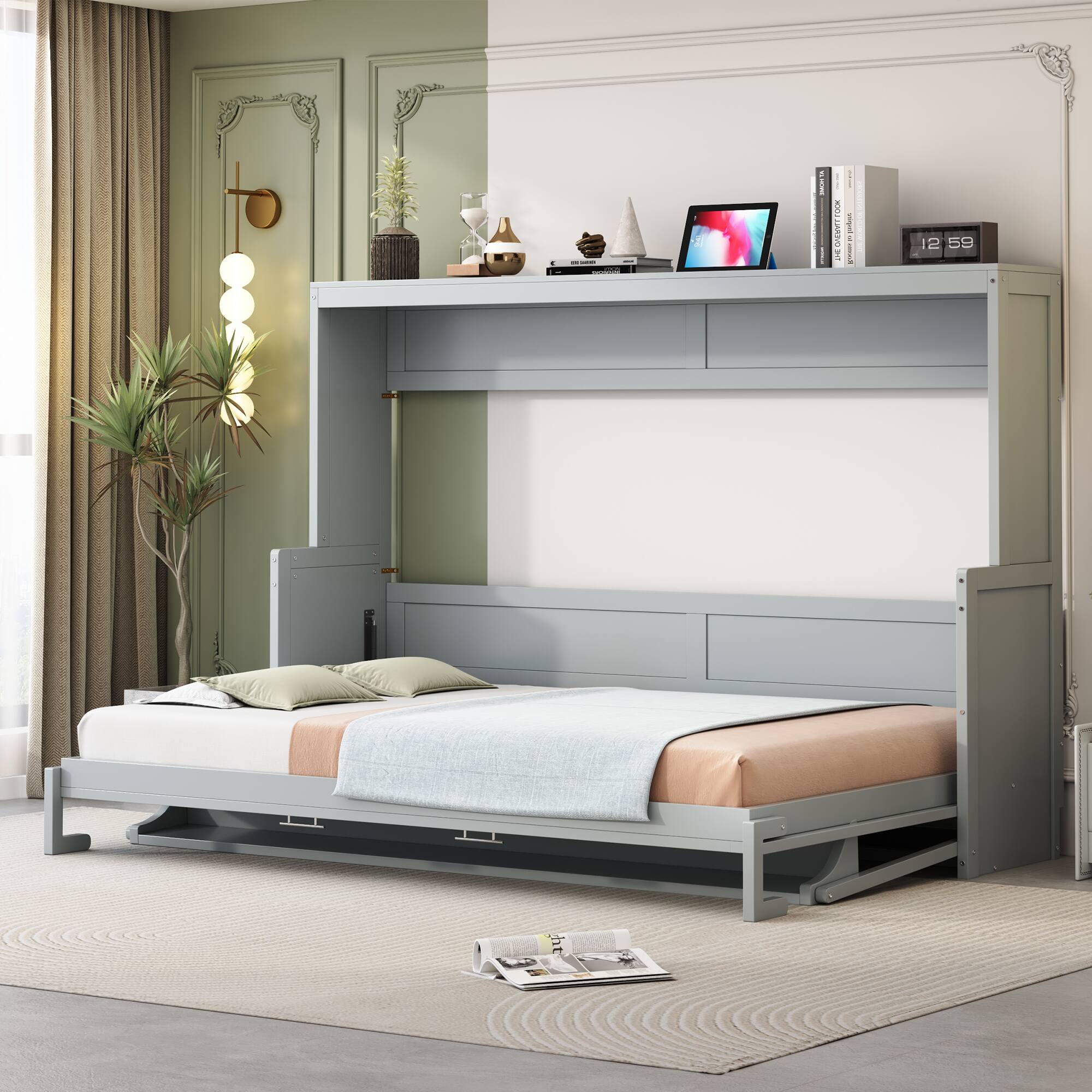 Angle. Tiramisubest - Queen Size Gray Wood Murphy Bed with Hydraulic Lift & Desk, Space-Saving - Gray.
