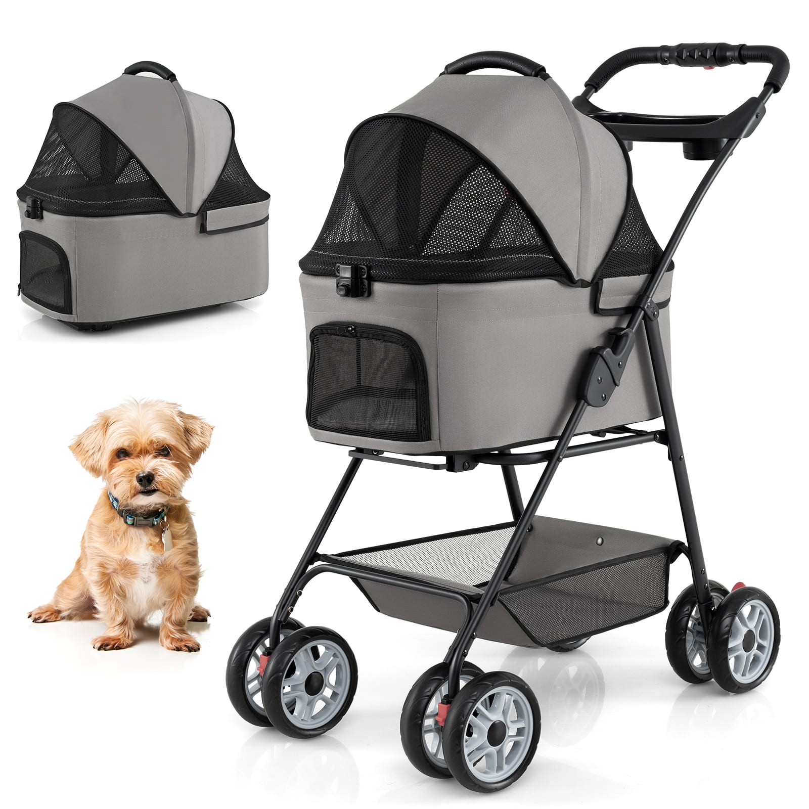 Gymax - 3 in 1 Pet Stroller w/Removable Carrier All-Terrain 4-Wheel Foldable Stroller Gray