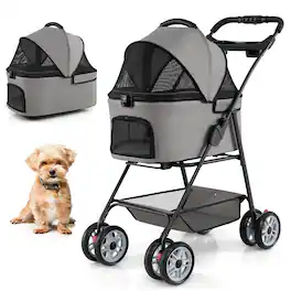 Gymax - 3 in 1 Pet Stroller w/Removable Carrier All-Terrain 4-Wheel Foldable Stroller Gray