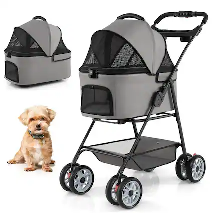 Front. Gymax - Gymax 3 in 1 Pet Stroller w/Removable Carrier All-Terrain 4-Wheel Foldable Stroller Gray - Gray.