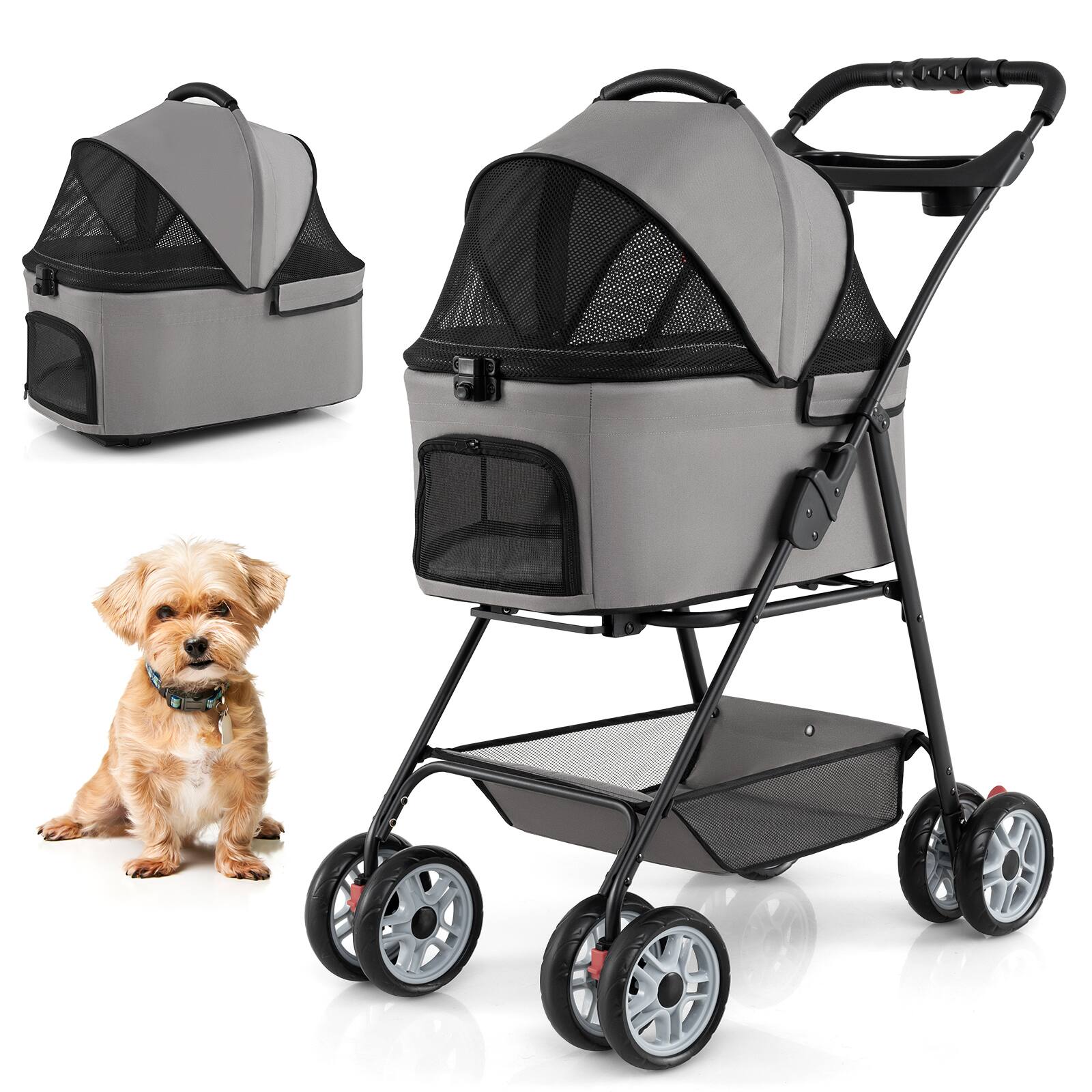 Gymax - 3 in 1 Pet Stroller w/Removable Carrier All-Terrain 4-Wheel Foldable Stroller Gray