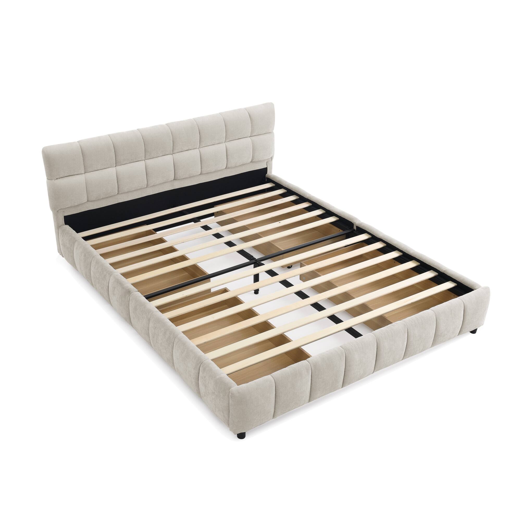 Alt View 1. LUCKY ONE - Queen Size Chenille Upholstered Bed Frame With Drawer - Beige.