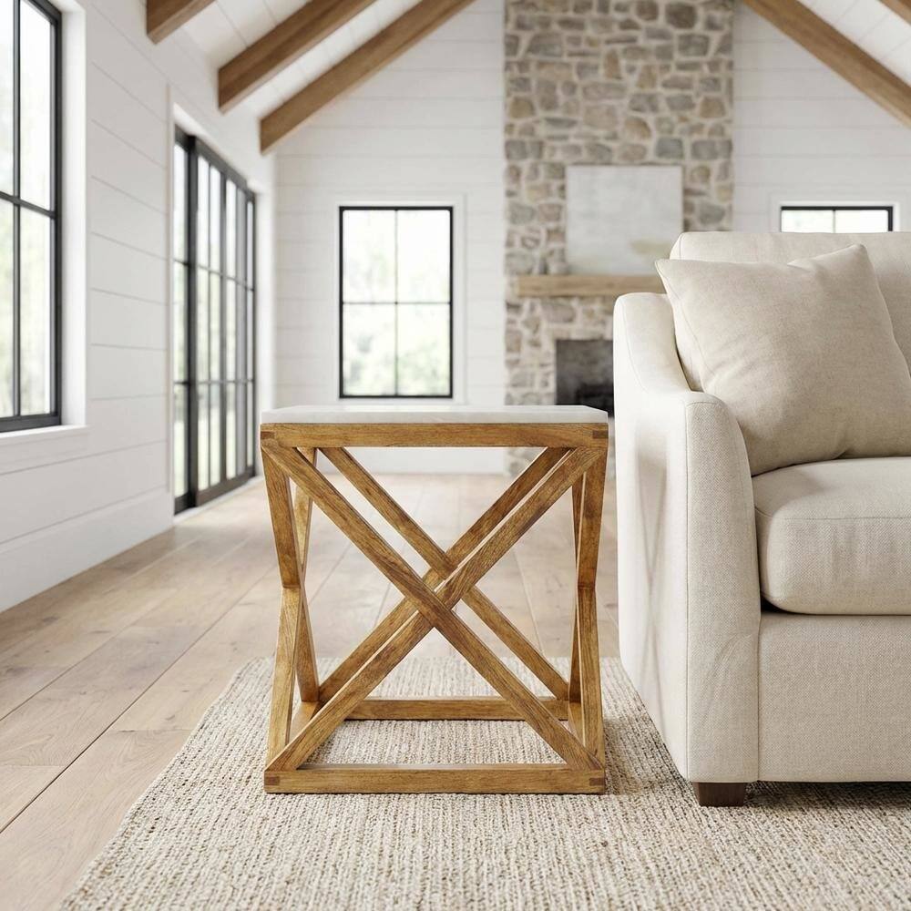 Alt View 5. Starlight Canyon Home - Square End Table with Marble Top, Modern Accent Side Table for Living Room - Light Brown.