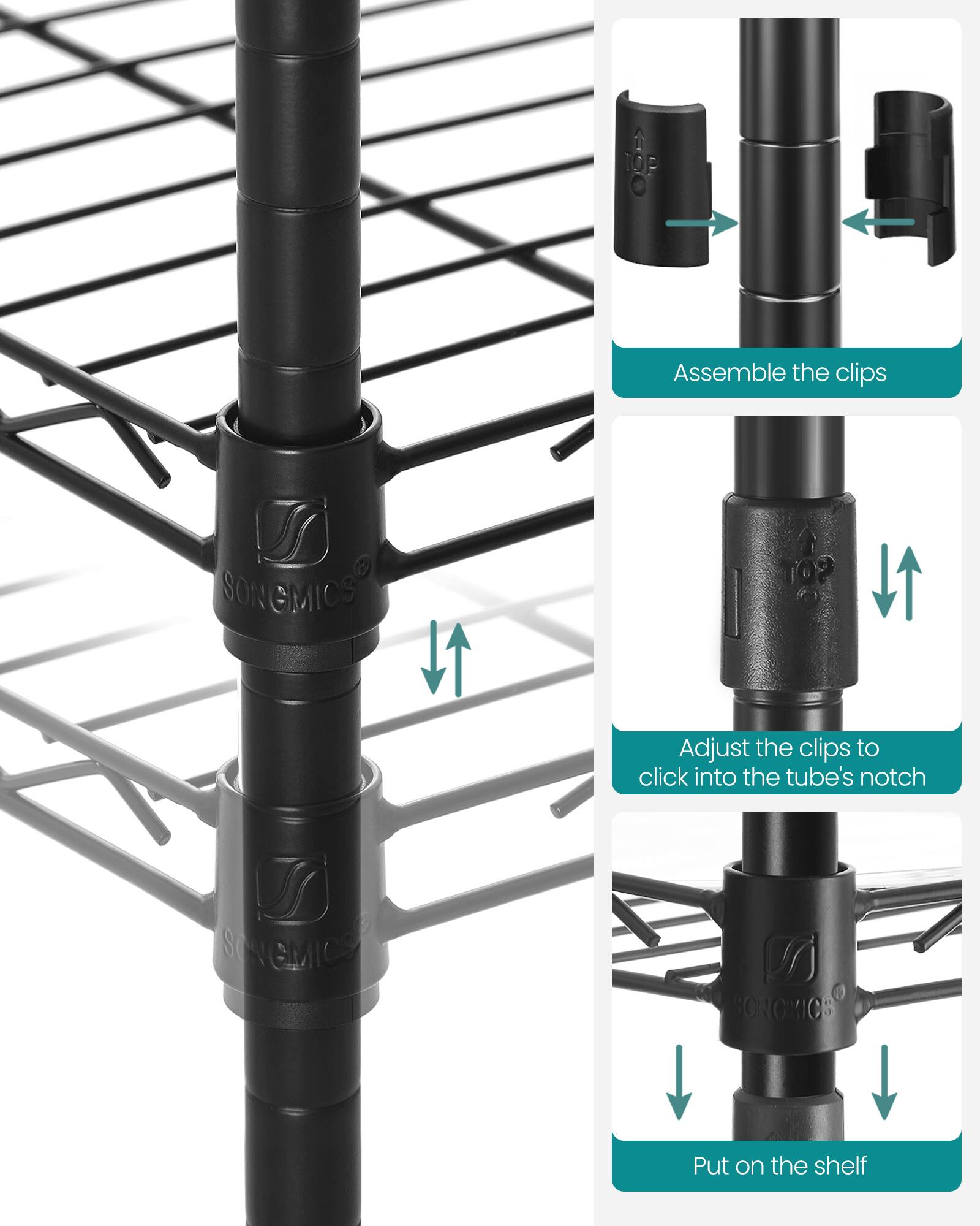 1. Assemble the clips
2. Adjust the clips to click into the tube's notch
3. Put on the shelf