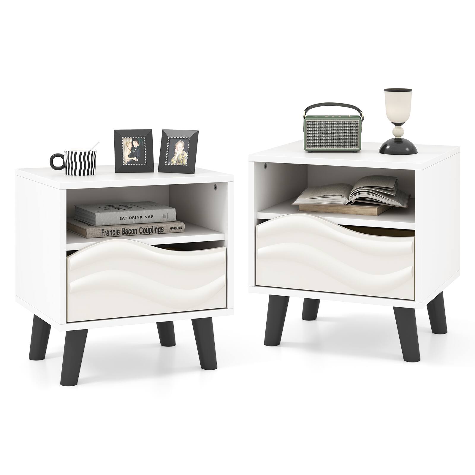 Gymax - 2PCS Nightstand w/Drawer 3D Wavy Pattern Open Shelf Small Sofa Couch Side Table - White, Black