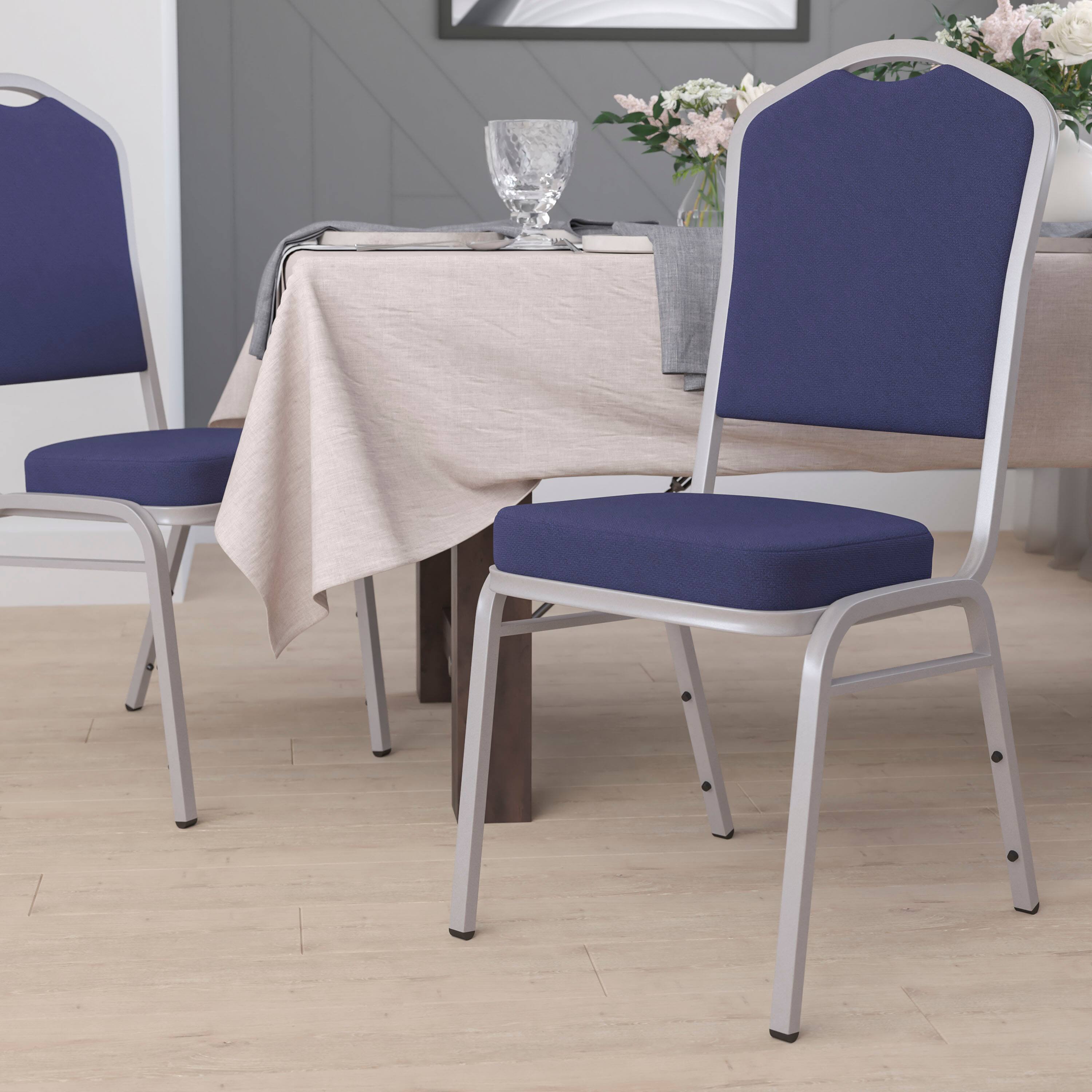 Alt View 1. Emma + Oliver - Crown Back Stacking Banquet Dining Chair - Navy Fabric/Silver Frame.