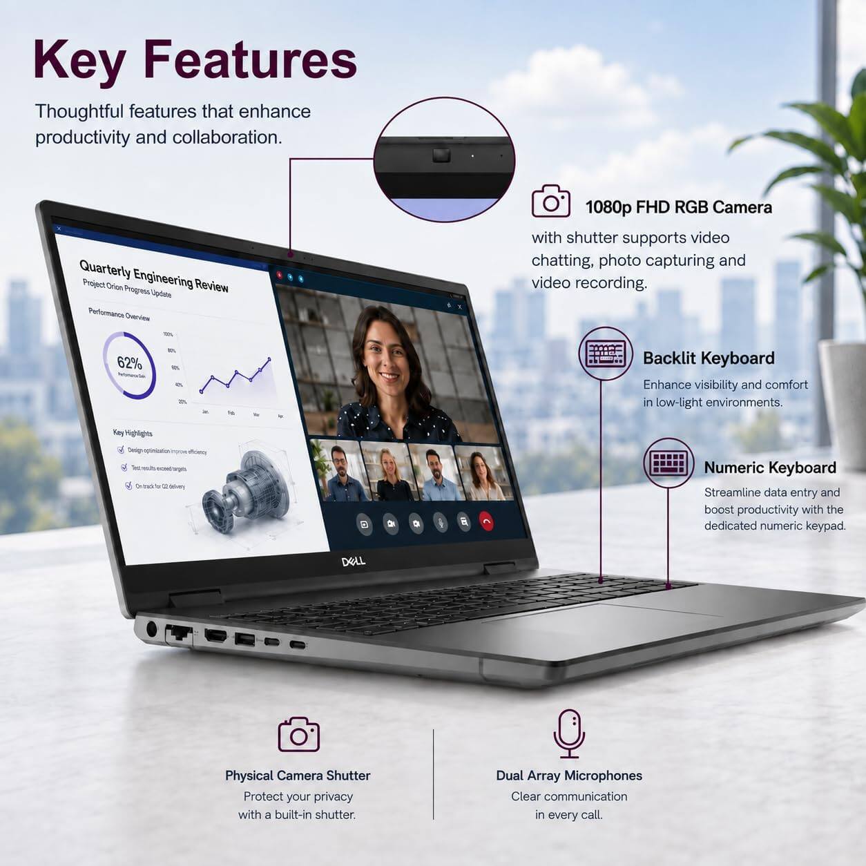 Key Features  
Thoughtful features that enhance productivity and collaboration.

Quarterly Engineering Project Orion Progress Review Update  
Performance Overview

1080p FHD RGB Camera with shutter supports video chatting, photo capturing and video recording.

62%

Backlit Keyboard Enhance visibility and comfort in low-light environments.

Key Highlights  
Test  
efficiency  
G  
B

Numeric Keyboard Streamline data entry and boost productivity with the dedicated numeric keypad.

DELL

Physical Camera Shutter Protect your privacy with a built-in shutter.

Dual Array Microphones Clear communication in every call.