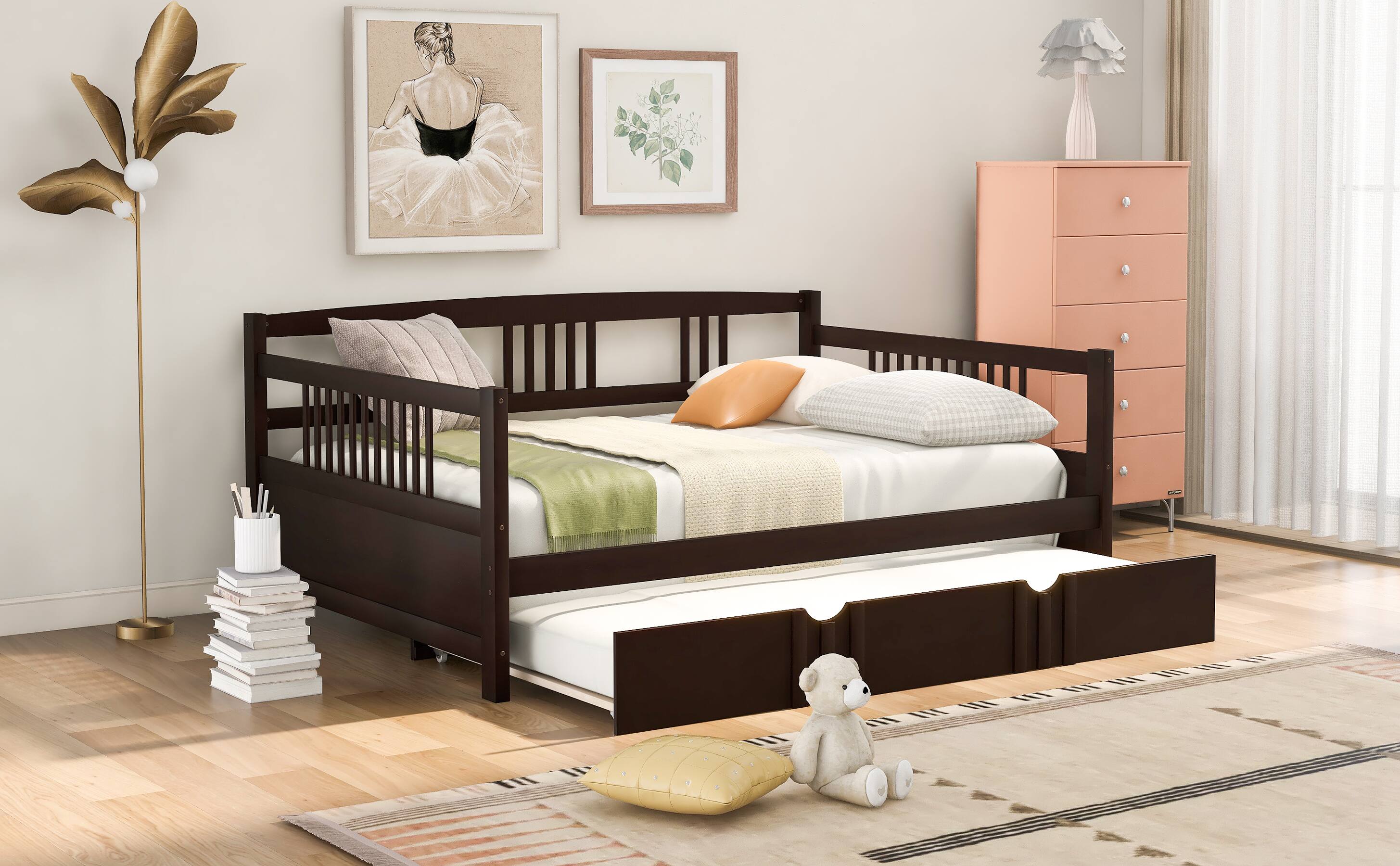 Left. Tiramisubest - Full Size Daybed Wood Bed with Twin Size Trundle,Espresso - Espresso.