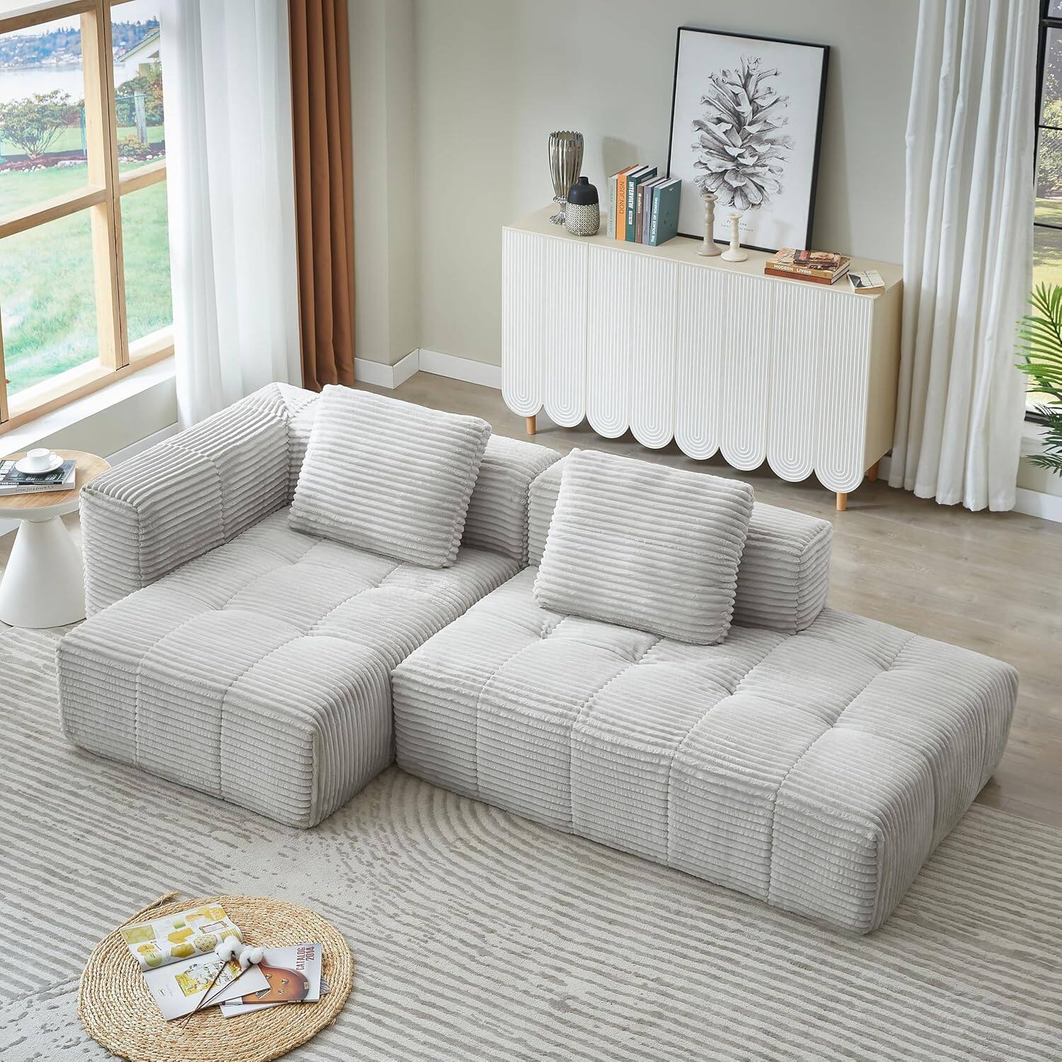 Alt View 3. Trinkets Crazed - 108" Corduroy Fluffy Modular Sectional Loveseat SofaDeep Seat Cloud Sectional Couch with Spring Cushions - light gray.