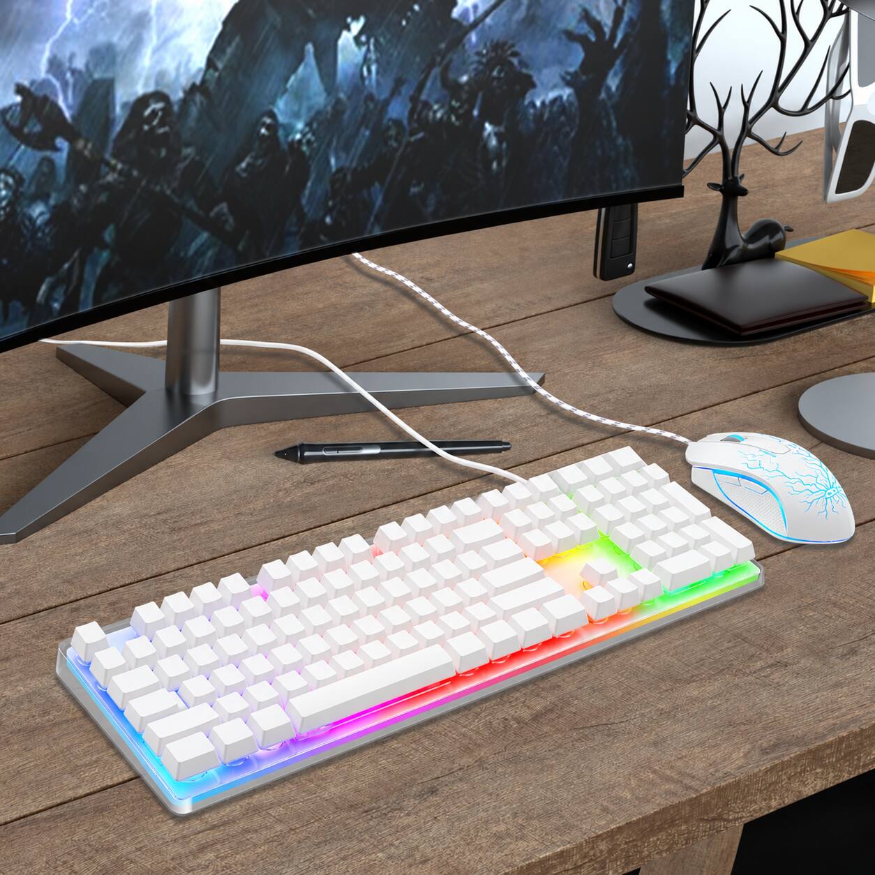 Alt View 3. Core Tech - 104-Key Wired Membrane Gaming Keyboard and Optical Mouse Combo with RGB Lighting - White.