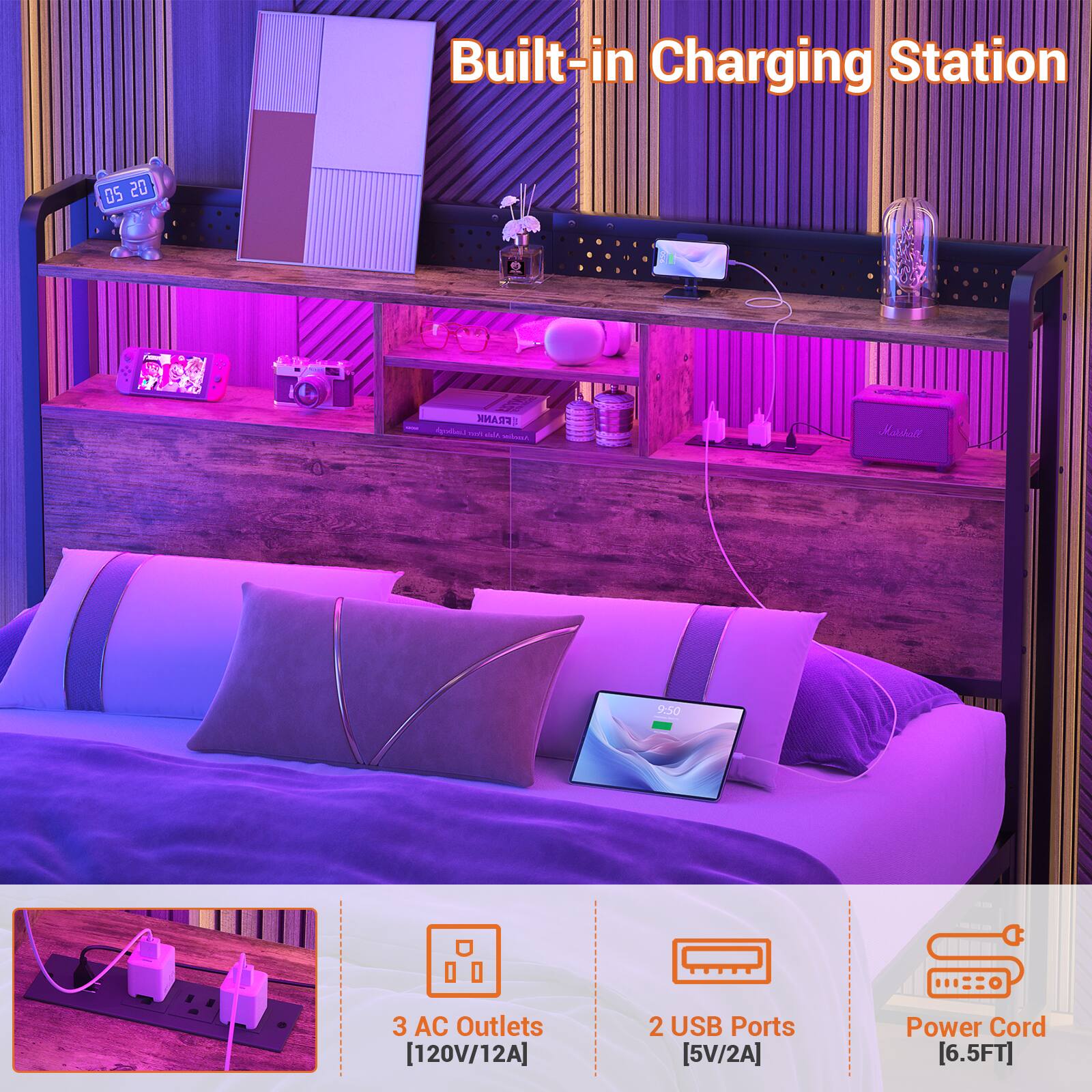 Built-in Charging Station

- 3 AC Outlets [120V/12A]
- 2 USB Ports [5V/2A]
- Power Cord [6.5FT]