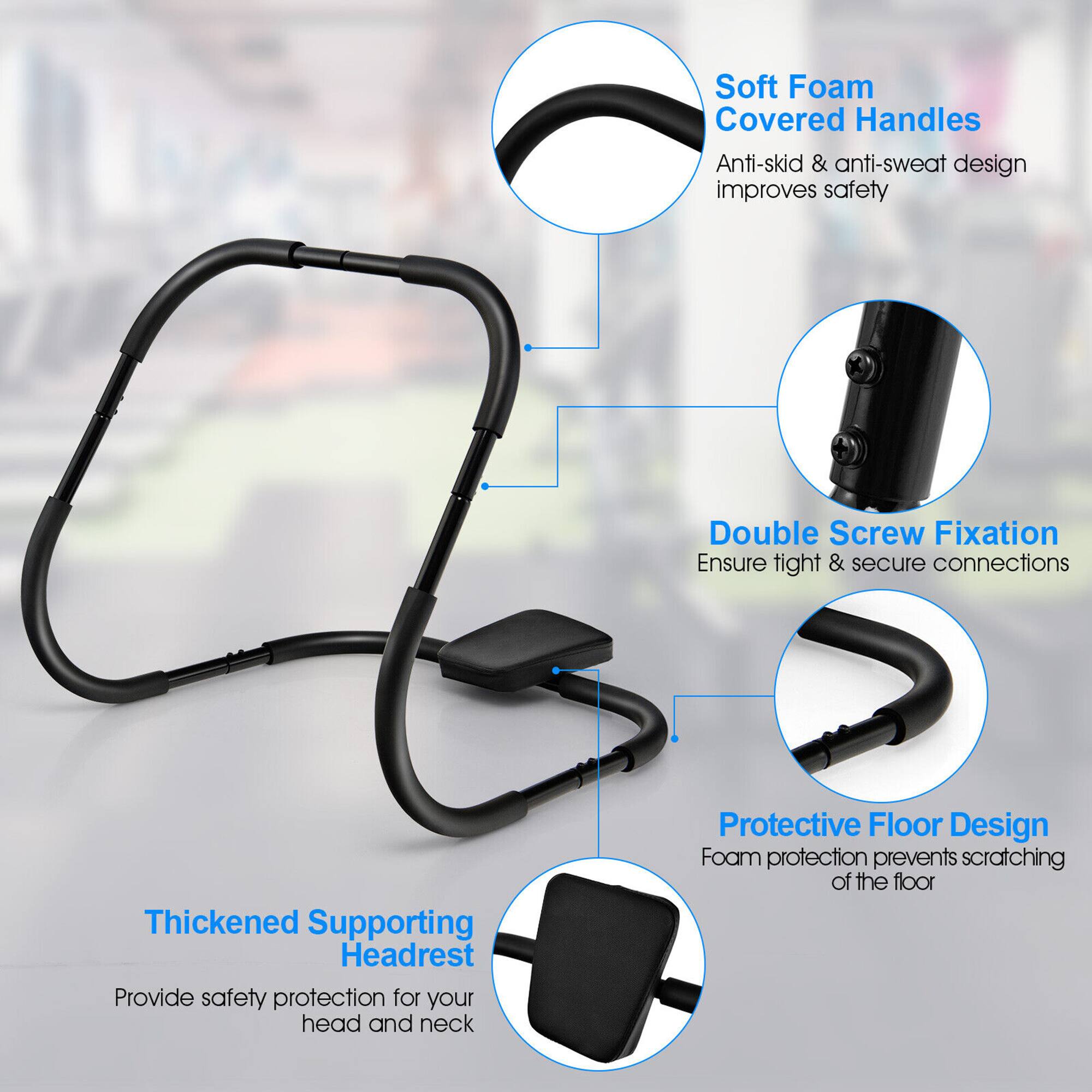 The image features a piece of exercise equipment with a description of its features. The equipment has soft foam covered handles, which provide anti-skid and anti-sweat design for improved safety. The double screw fixation ensures tight and secure connections, while the thickened supporting headrest offers safety protection for the head and neck. Additionally, the equipment has a protective floor design that includes foam protection to prevent scratching of the floor.