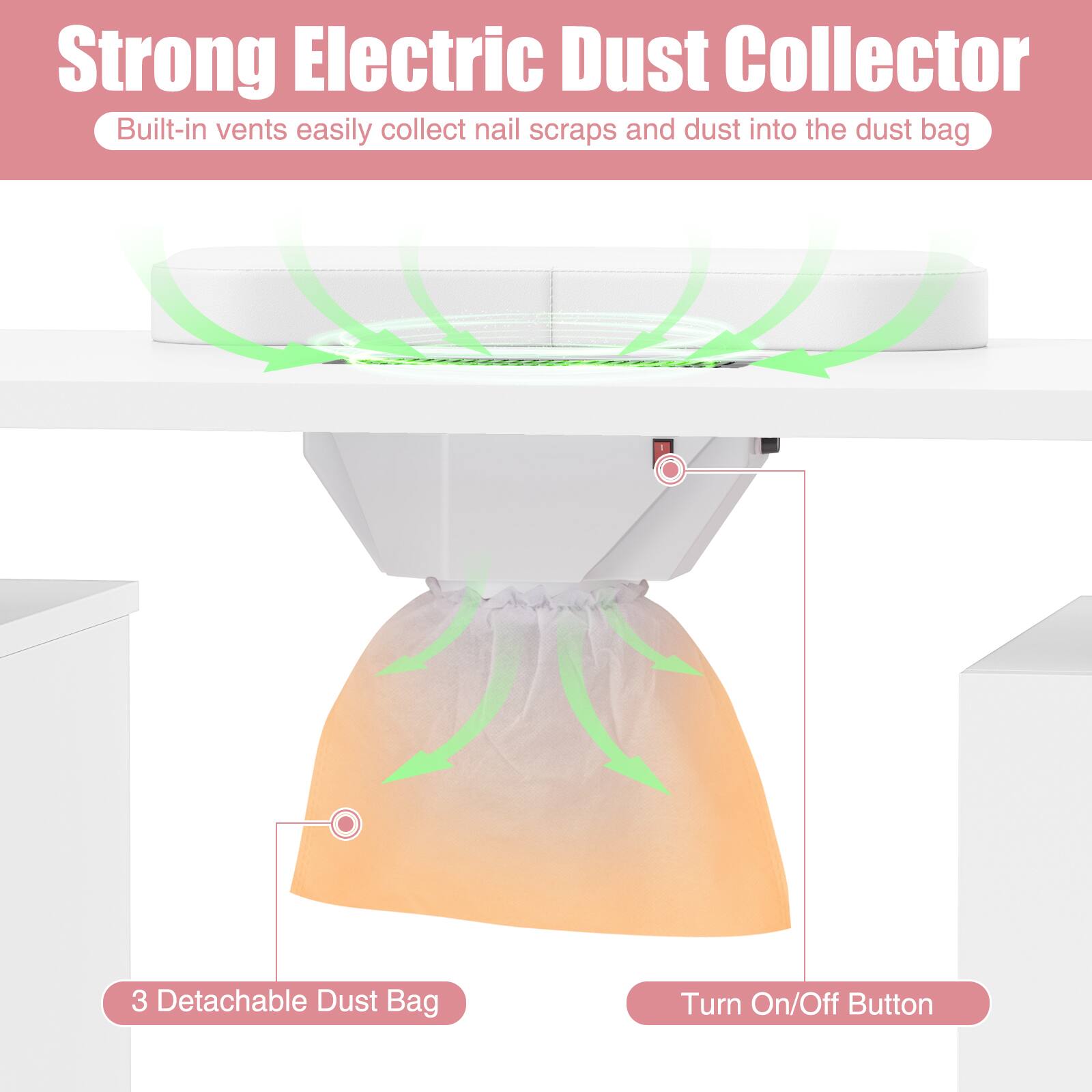 Strong Electric Dust Collector  
Built-in vents easily collect nail scraps and dust into the dust bag  

3 Detachable Dust Bag  
Turn On/Off Button