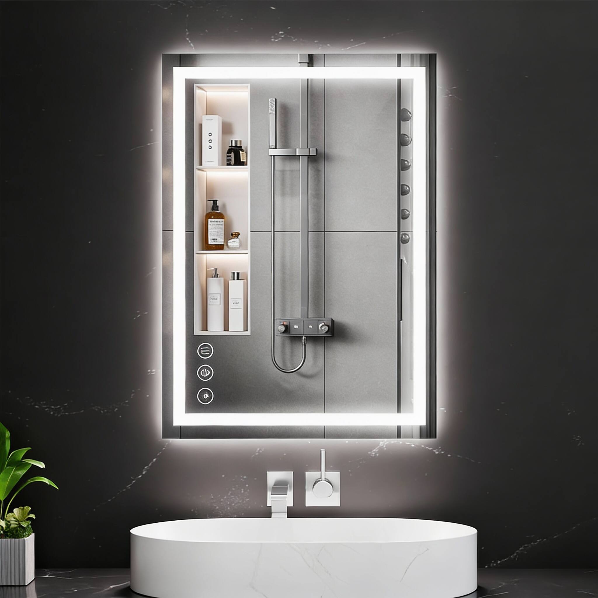 Back. OMOMMD - Led Bathroom Mirror Backlit Front Lit With Lights For Wall Colors Anti fog Dimmable Brightness Memory Funct - 3 Color Modes 36"L x 24"W.