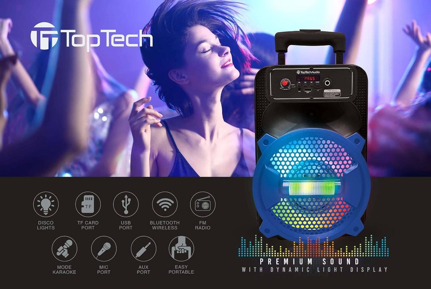 TopTech Audio PRUS TF DISCO LIGHTS TF CARD PORT USB PORT BLUETOOTH WIRELESS FM RADIO MODE KARAOKE MIC PORT AUX PORT EASY PORTABLE PREMIUM SOUND WITH DYNAMIC LIGHT DISPLAY