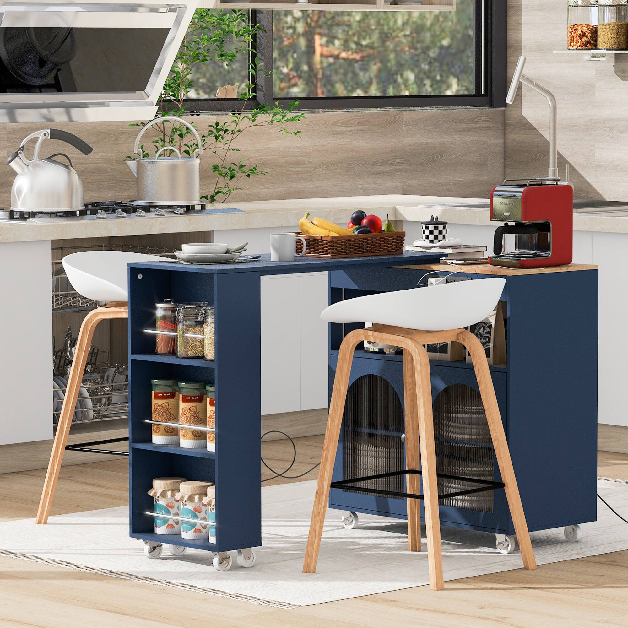 Back. PexFix - Rolling Kitchen Island Cart with Extended Table, LED Lighting and Power Outlets - Blue.