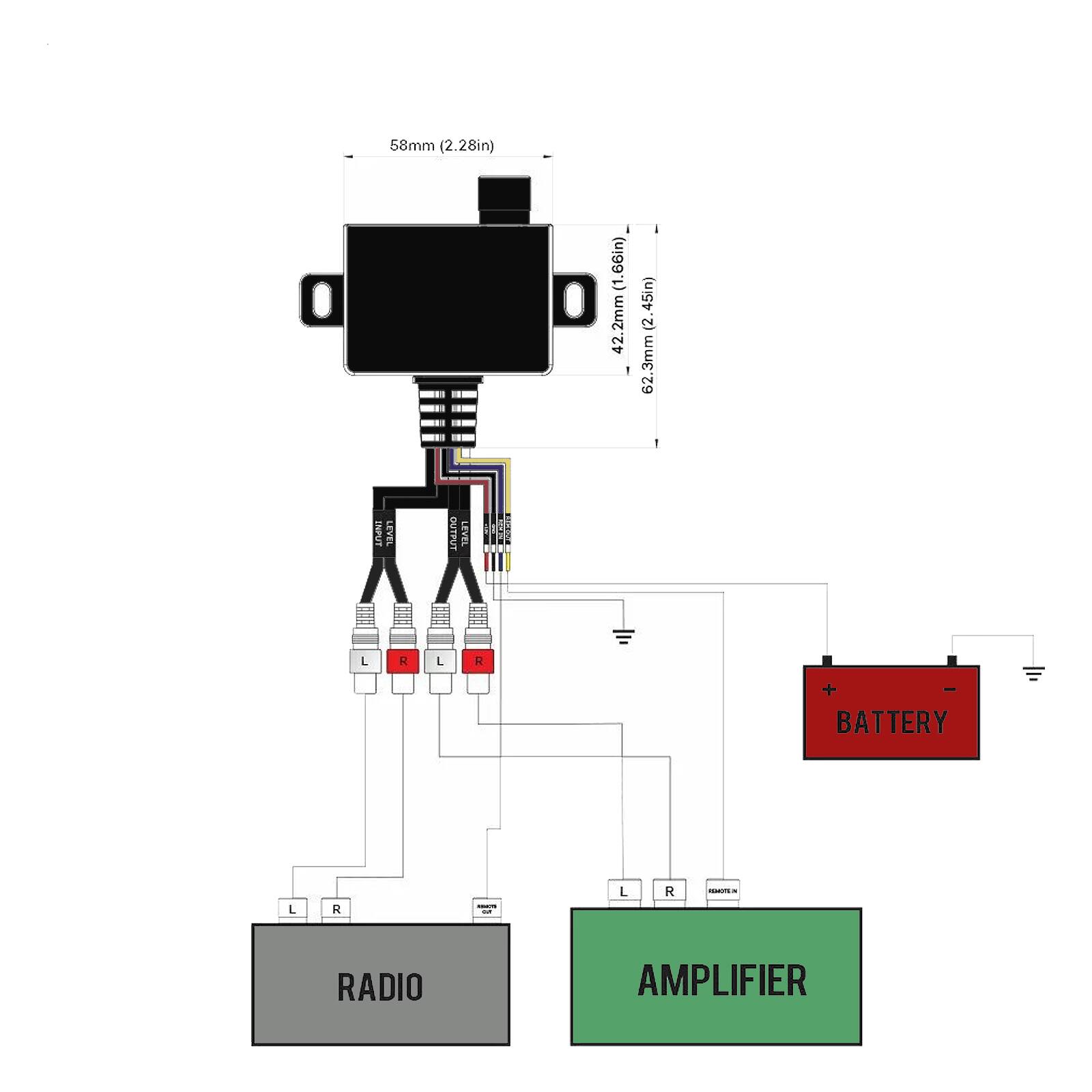 58mm (2.28in)  
1.66in) (1 00 O D 2.2mm (2.45in) (2 42 62.3mm 62  
INPUT LEVEL  
FUSE  
LEVEL  
L R L R + -  
BATTERY L R L R -  
RADIO  
AMPLIFIER