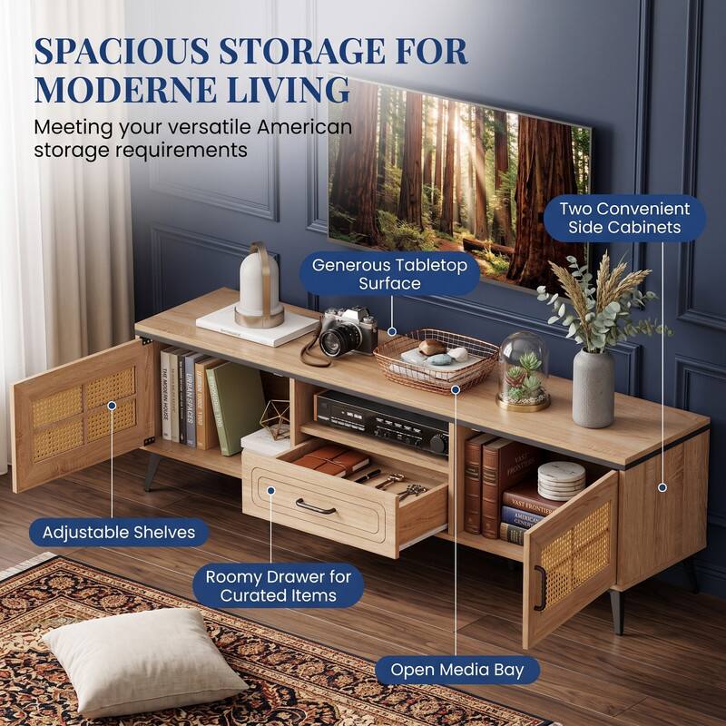 SPACIOUS STORAGE FOR MODERNE LIVING  
Meeting your versatile American storage requirements

- Two Convenient Side Cabinets
- Generous Tabletop Surface
- Adjustable Shelves
- Roomy Drawer for Curated Items
- Open Media Bay