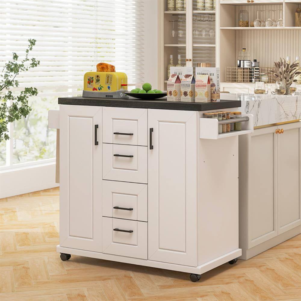 Left. Kadyn - Kitchen Cart, Kitchen Island Cart,Rolling Kitchen Island Cart on Wheels with Storage Cabinets-White - White.