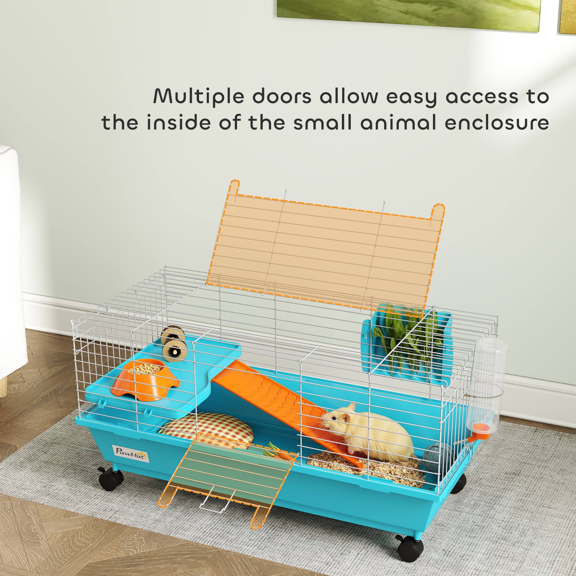 Multiple doors allow easy access to the inside of the small animal enclosure.