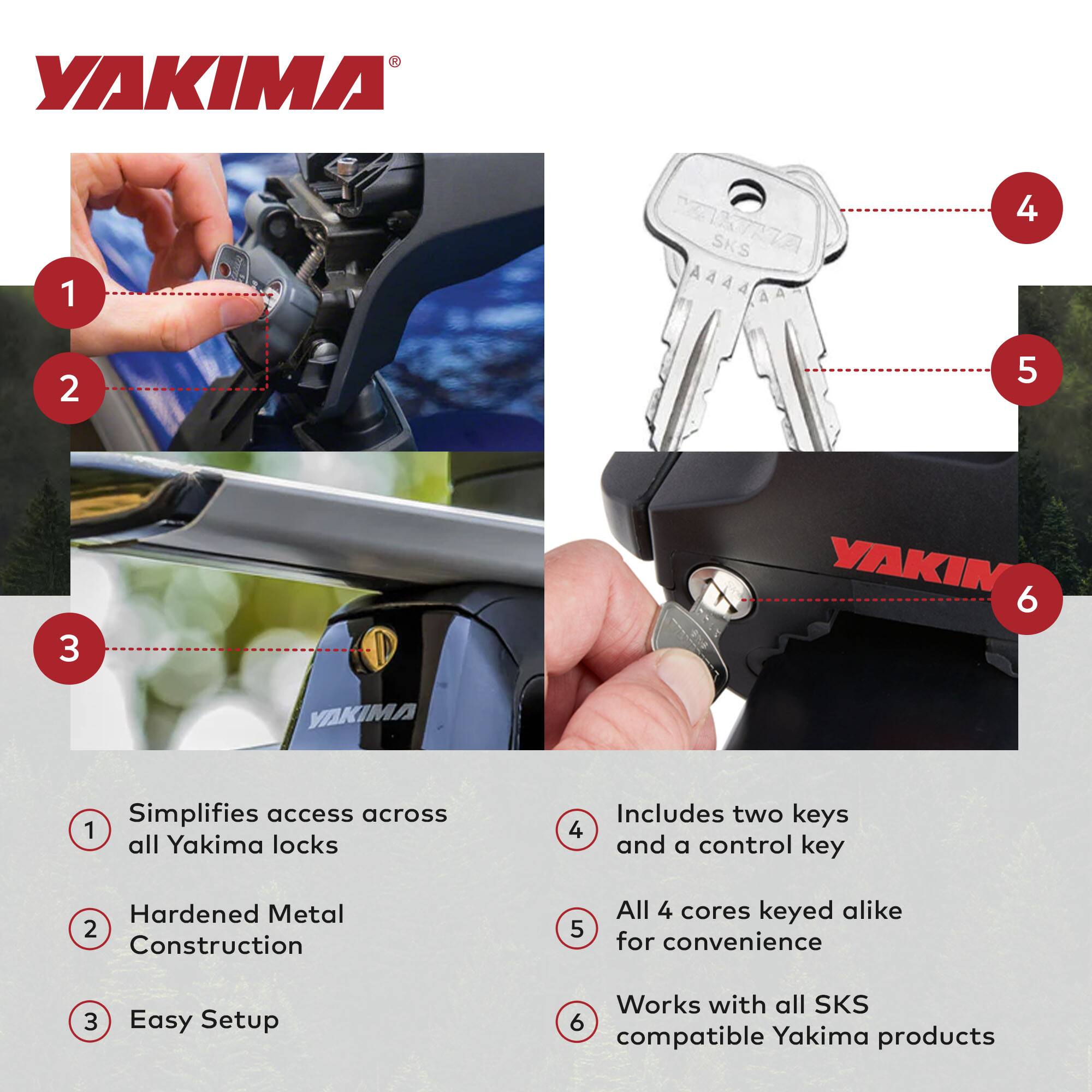 1. Simplifies access across all Yakima locks
2. Hardened Metal Construction
3. Easy Setup
4. Includes two keys and a control key
5. All 4 cores keyed alike for convenience
6. Works with all SKS compatible Yakima products
