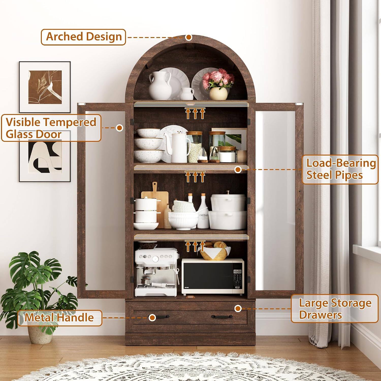Arched Design  
Visible Tempered Glass Door  
Load-Bearing Steel Pipes  
Metal Handle  
Large Storage Drawers
