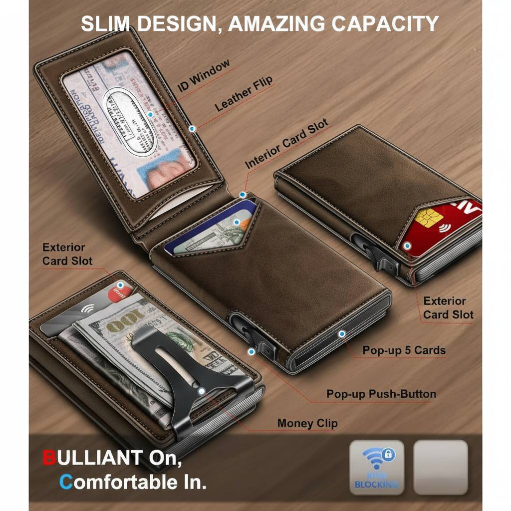 SLIM DESIGN, AMAZING CAPACITY

- ID Window
- Leather Flip
- Interior Card Slot
- Exterior Card Slot
- Pop-up 5 Cards
- Pop-up Push-Button
- Money Clip

BULLIANT On, Comfortable In.

RFID BLOCKING