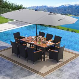 Gymax - 11 PCS Patio Dining Set w/ 15ft Double-Sided Patio Umbrella (Base Included) - Gray